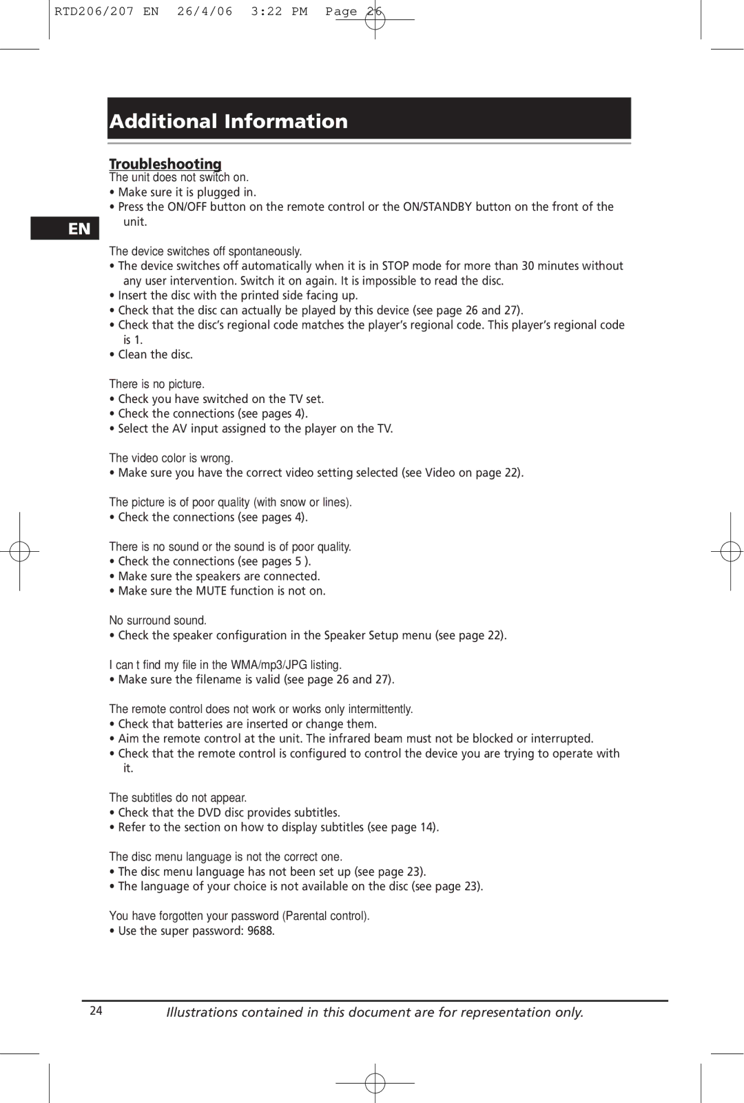 RCA RTD207 Additional Information, Troubleshooting, Make sure the filename is valid see page 26, Use the super password 