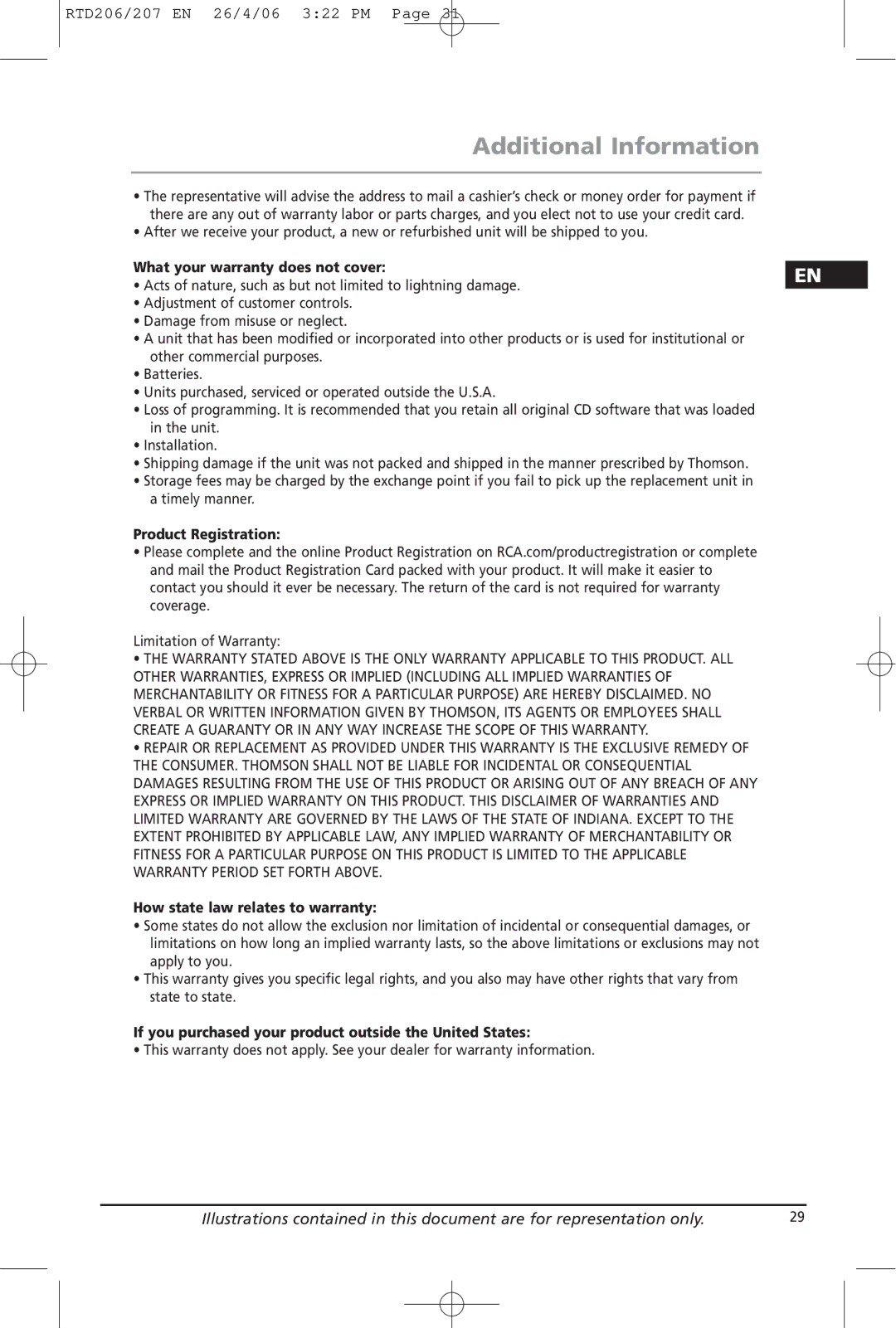 RCA RTD206, RTD207 manual What your warranty does not cover, Product Registration, How state law relates to warranty 