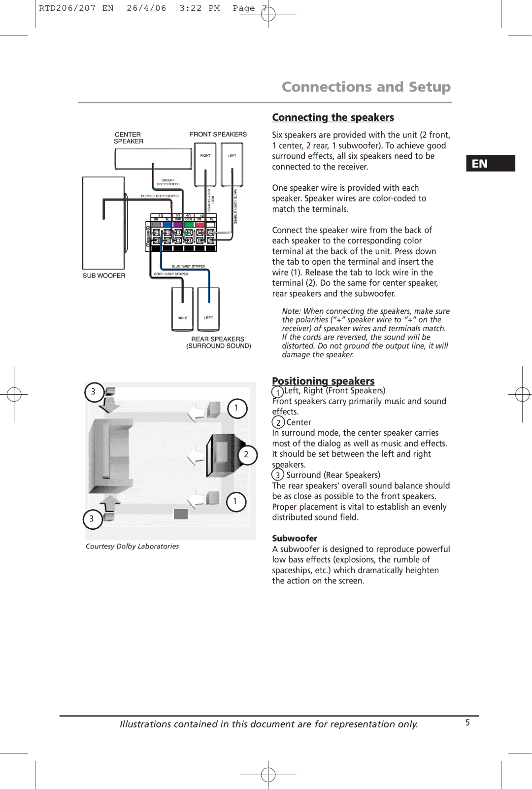 RCA RTD206, RTD207 manual Connecting the speakers, Positioning speakers, Subwoofer 