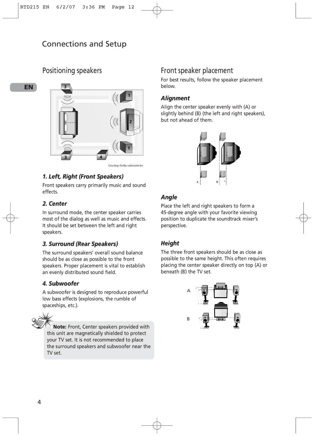 RCA RTD215 user manual Connections and Setup Positioning speakers, Front speaker placement 