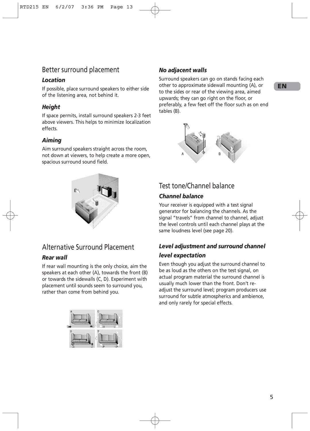 RCA RTD215 user manual Better surround placement, Test tone/Channel balance, Alternative Surround Placement 