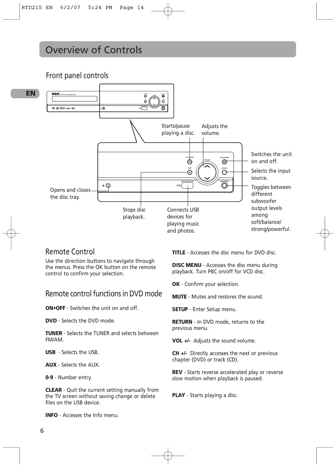 RCA RTD215 user manual Overview of Controls, Front panel controls, Remote Control, Remote control functions in DVD mode 