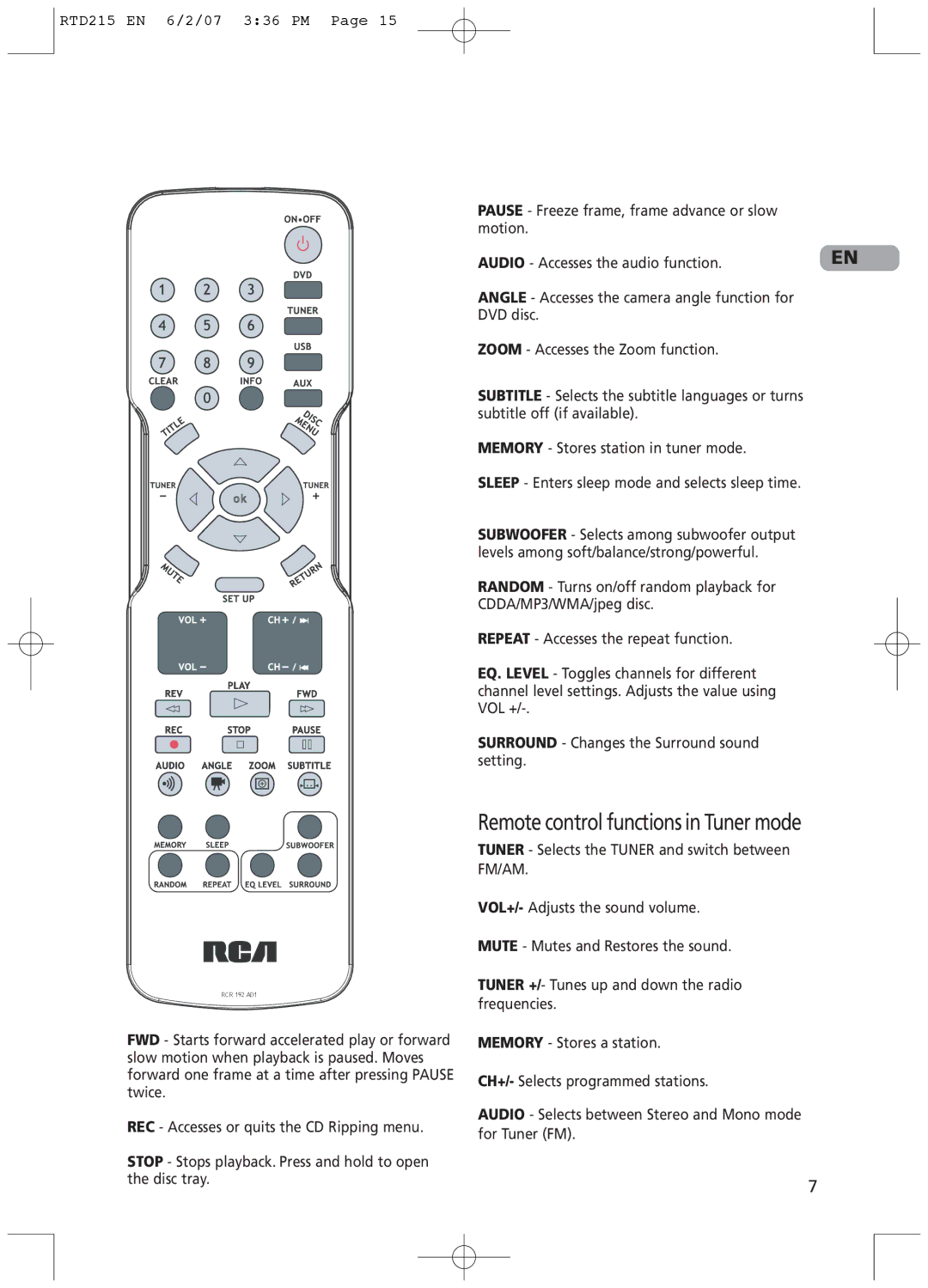 RCA RTD215 user manual Remote control functions in Tuner mode, Pause Freeze frame, frame advance or slow motion 