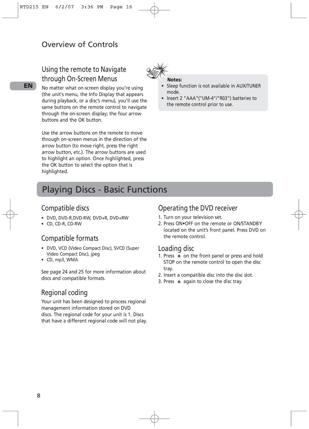 RCA RTD215 user manual Playing Discs Basic Functions 