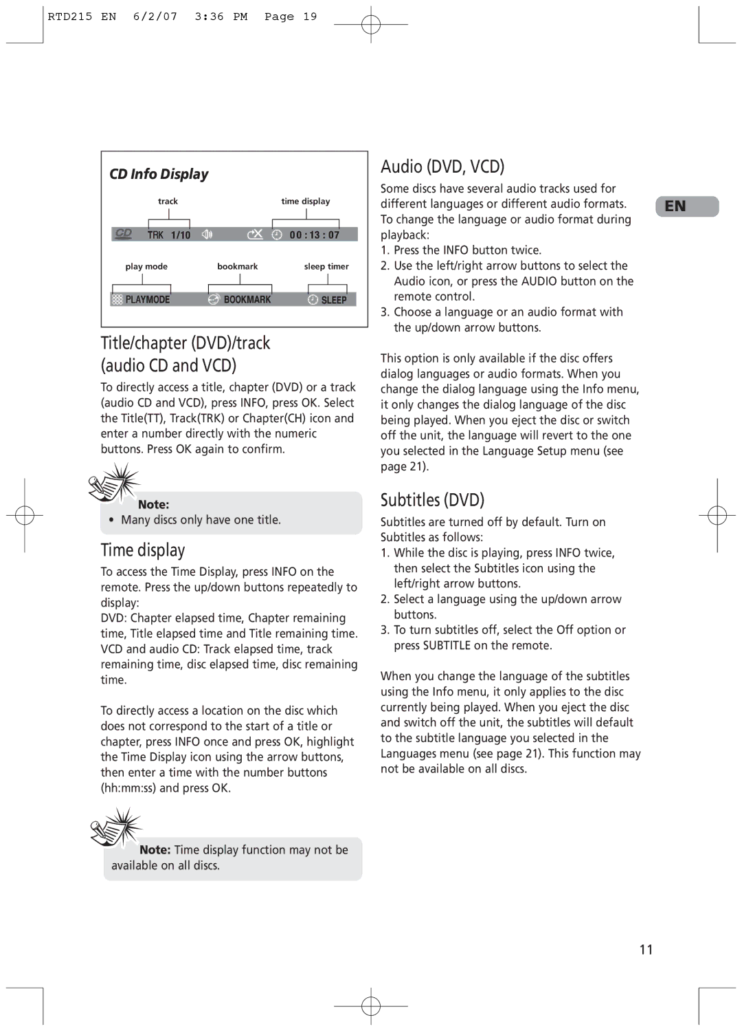 RCA RTD215 Title/chapter DVD/track Audio CD and VCD, Time display, Audio DVD, VCD, Subtitles DVD, CD Info Display 