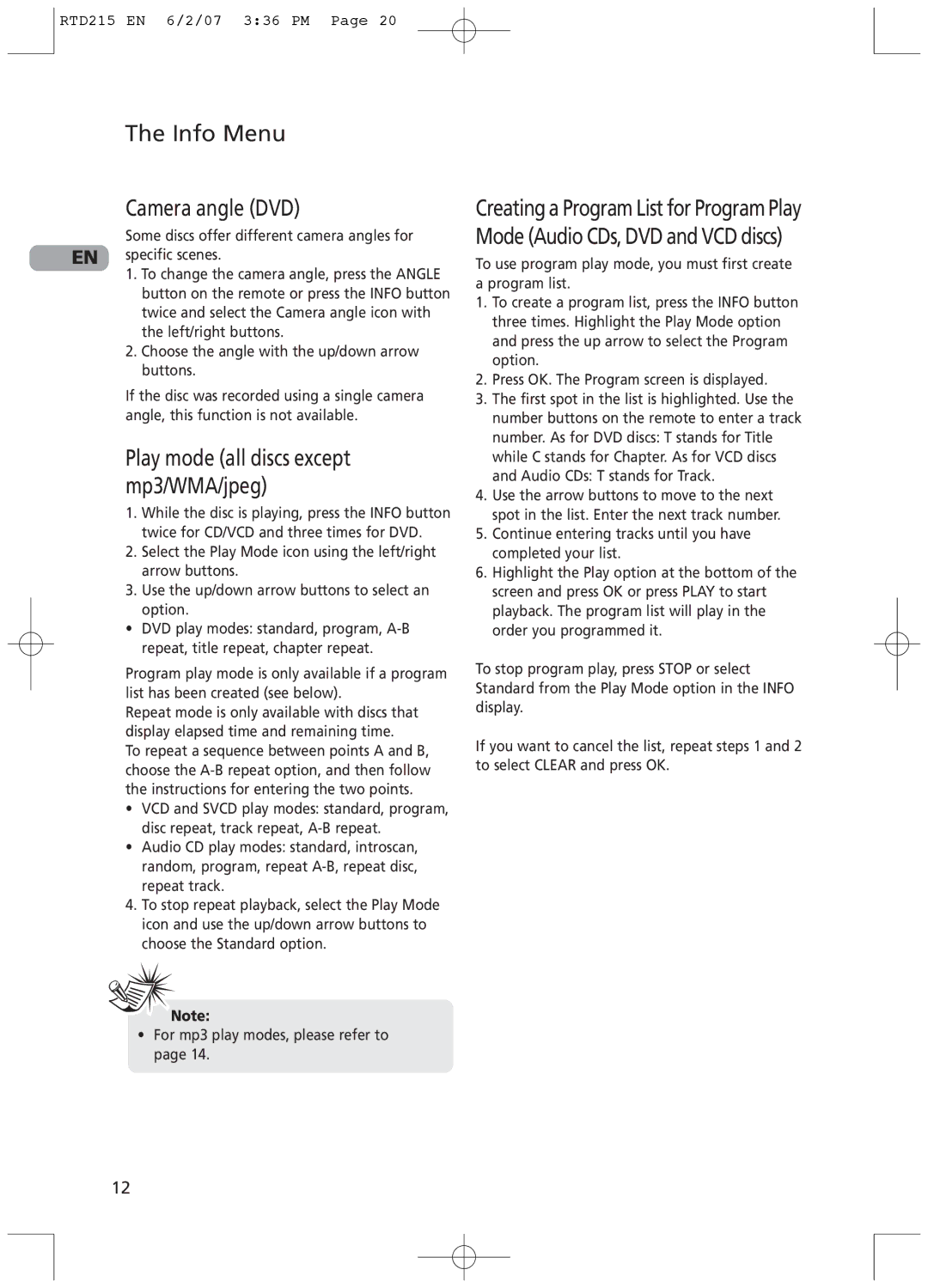 RCA RTD215 user manual Info Menu Camera angle DVD, Play mode all discs except mp3/WMA/jpeg 