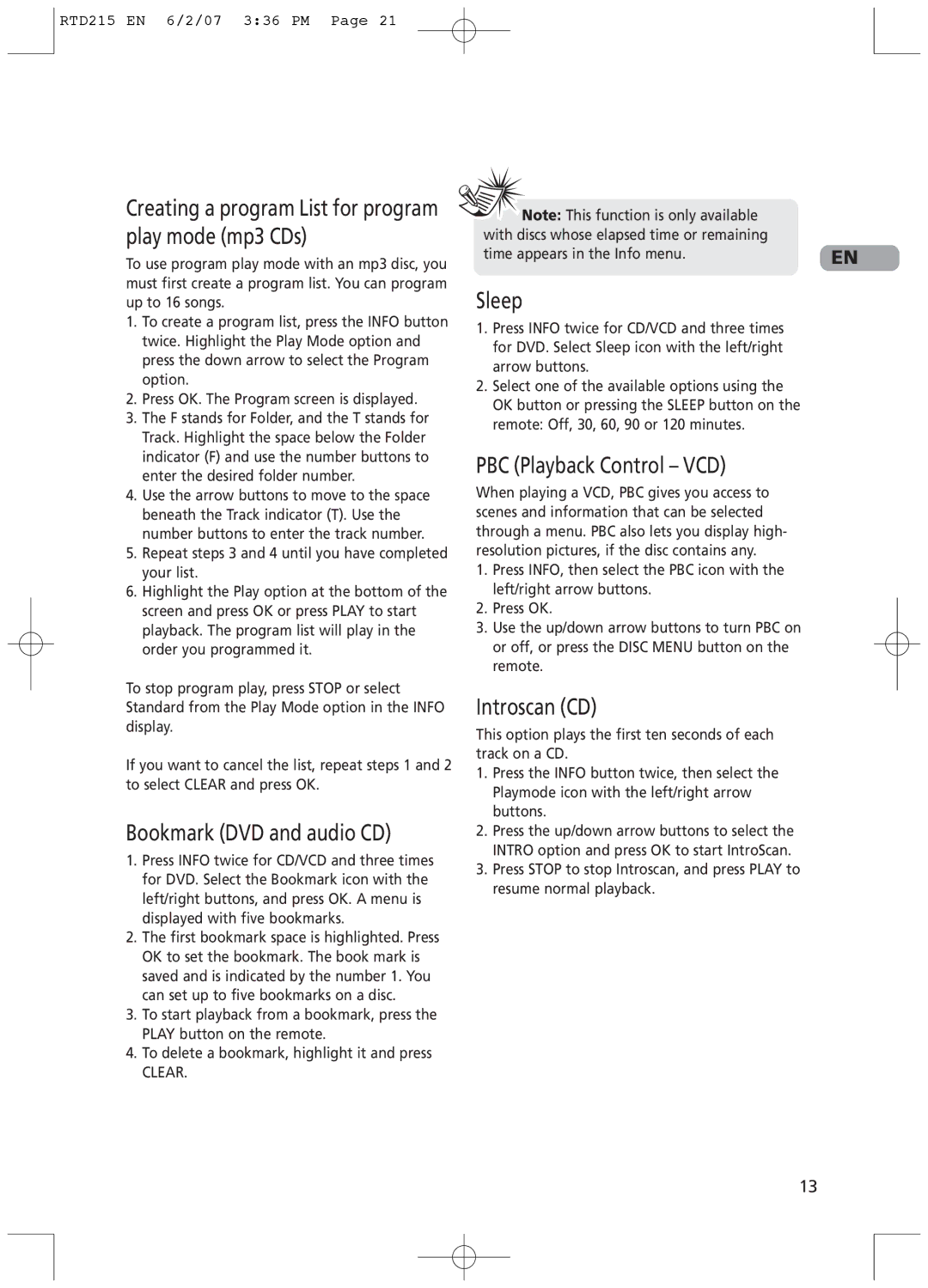 RCA RTD215 Creating a program List for program play mode mp3 CDs, Bookmark DVD and audio CD, Sleep, Introscan CD 