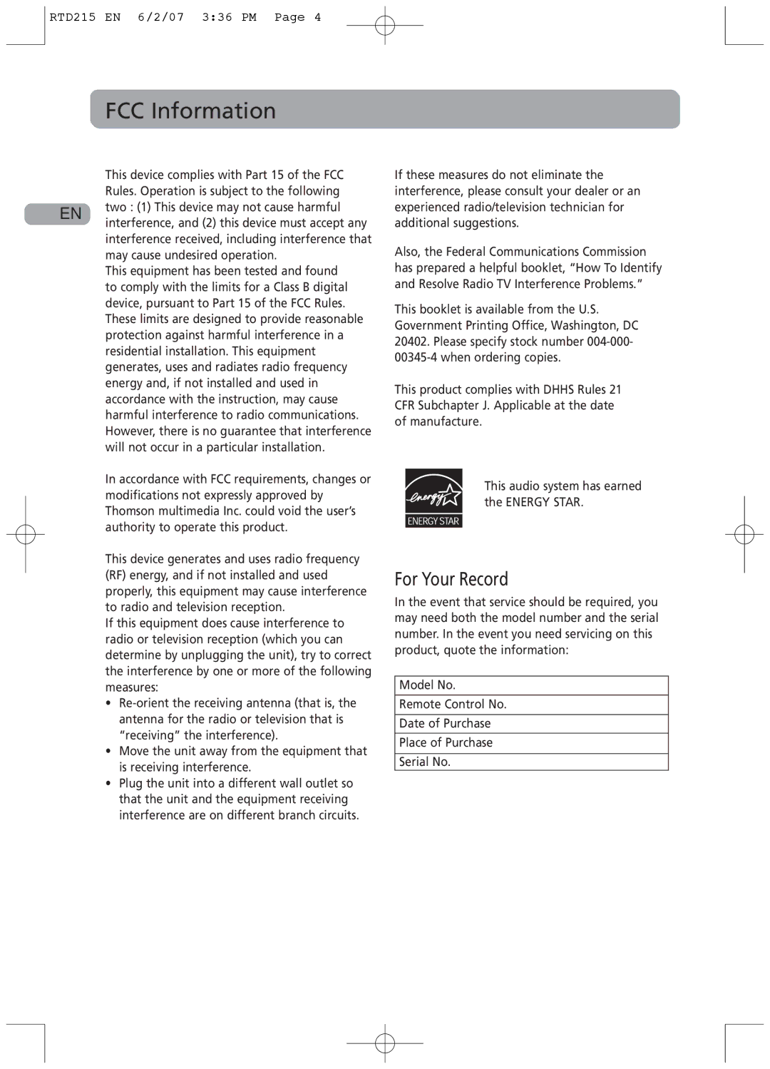 RCA RTD215 user manual FCC Information, For Your Record 