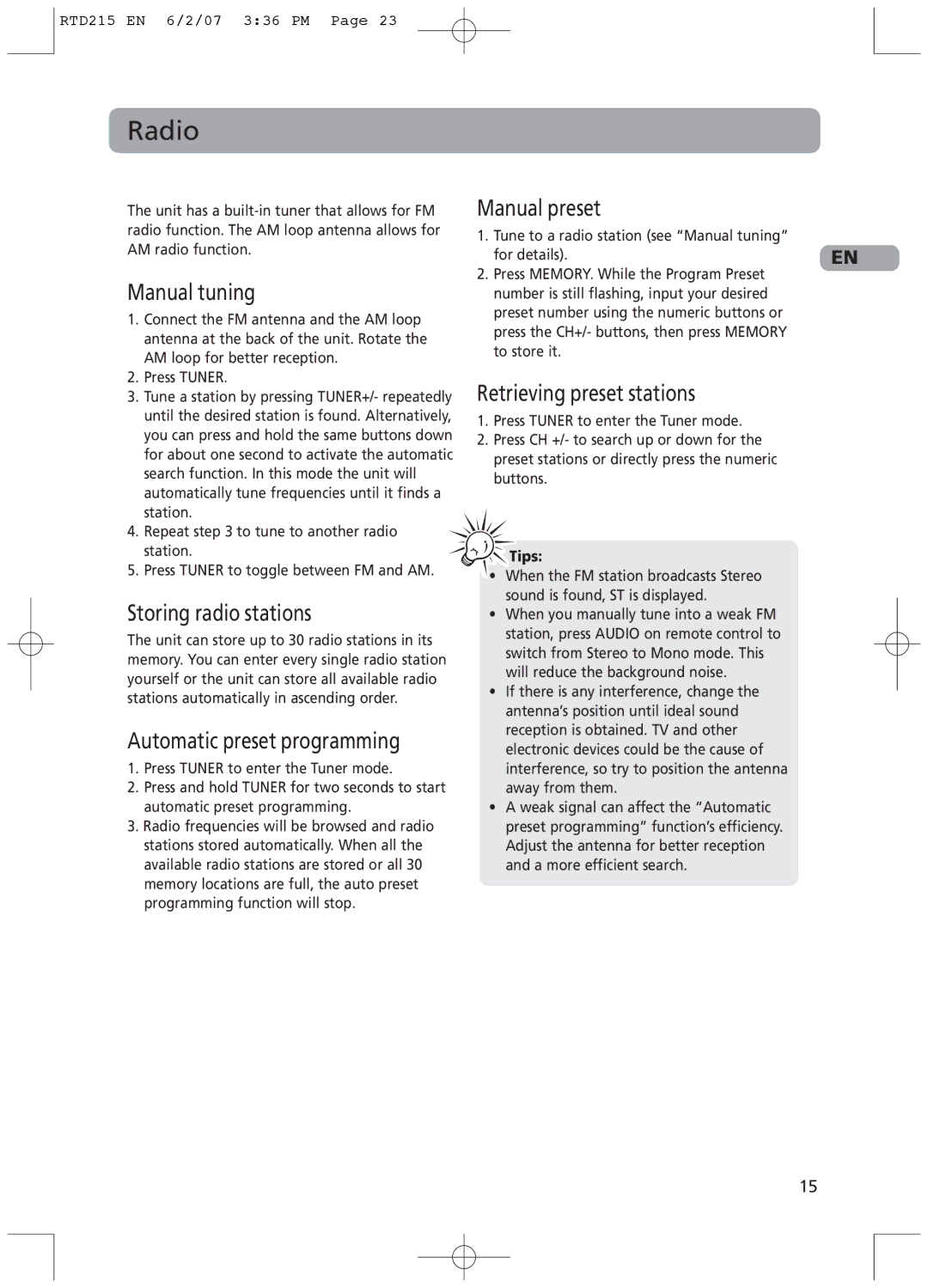 RCA RTD215 user manual Radio 