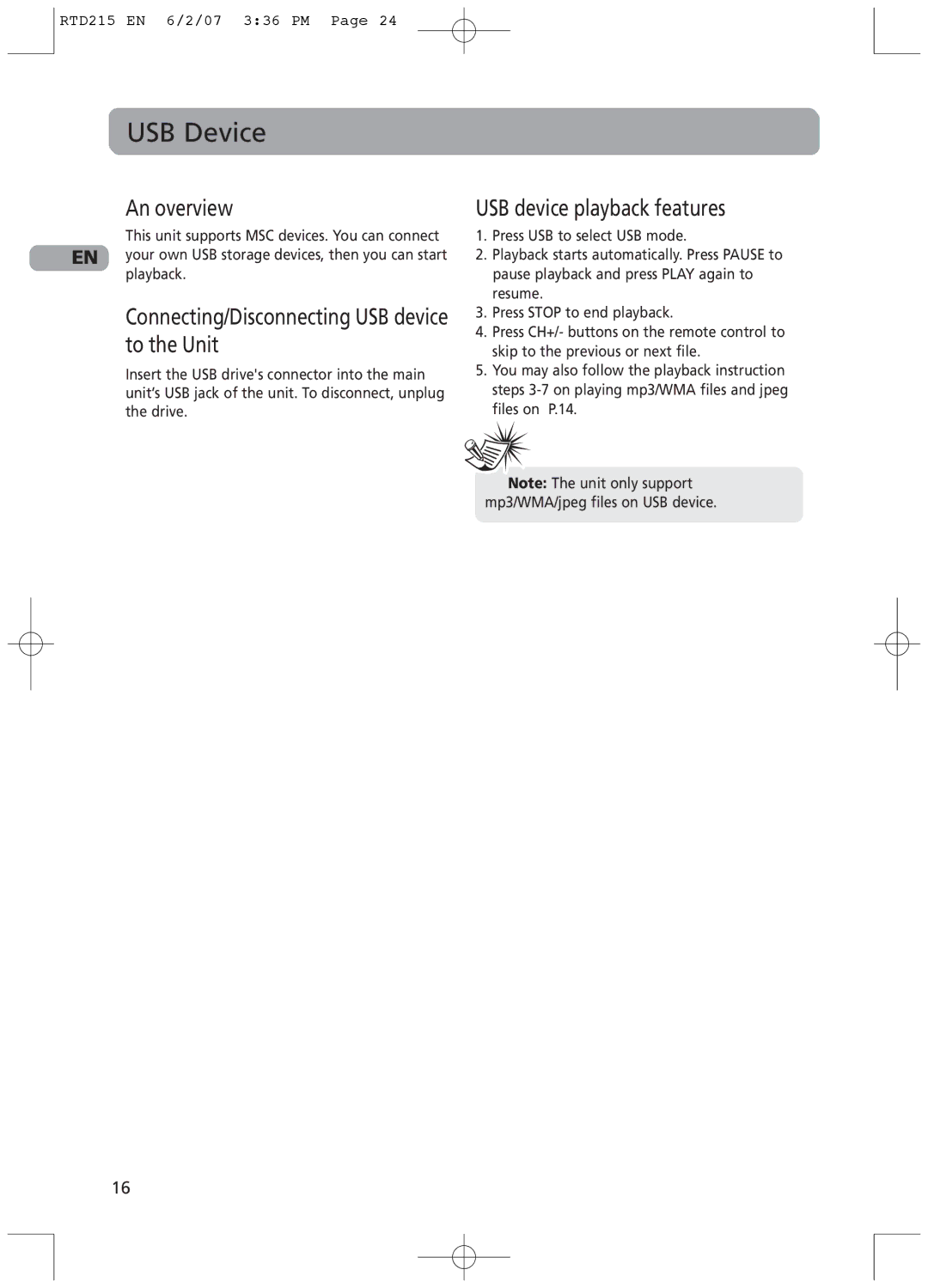 RCA RTD215 USB Device, An overview, Connecting/Disconnecting USB device to the Unit, USB device playback features 