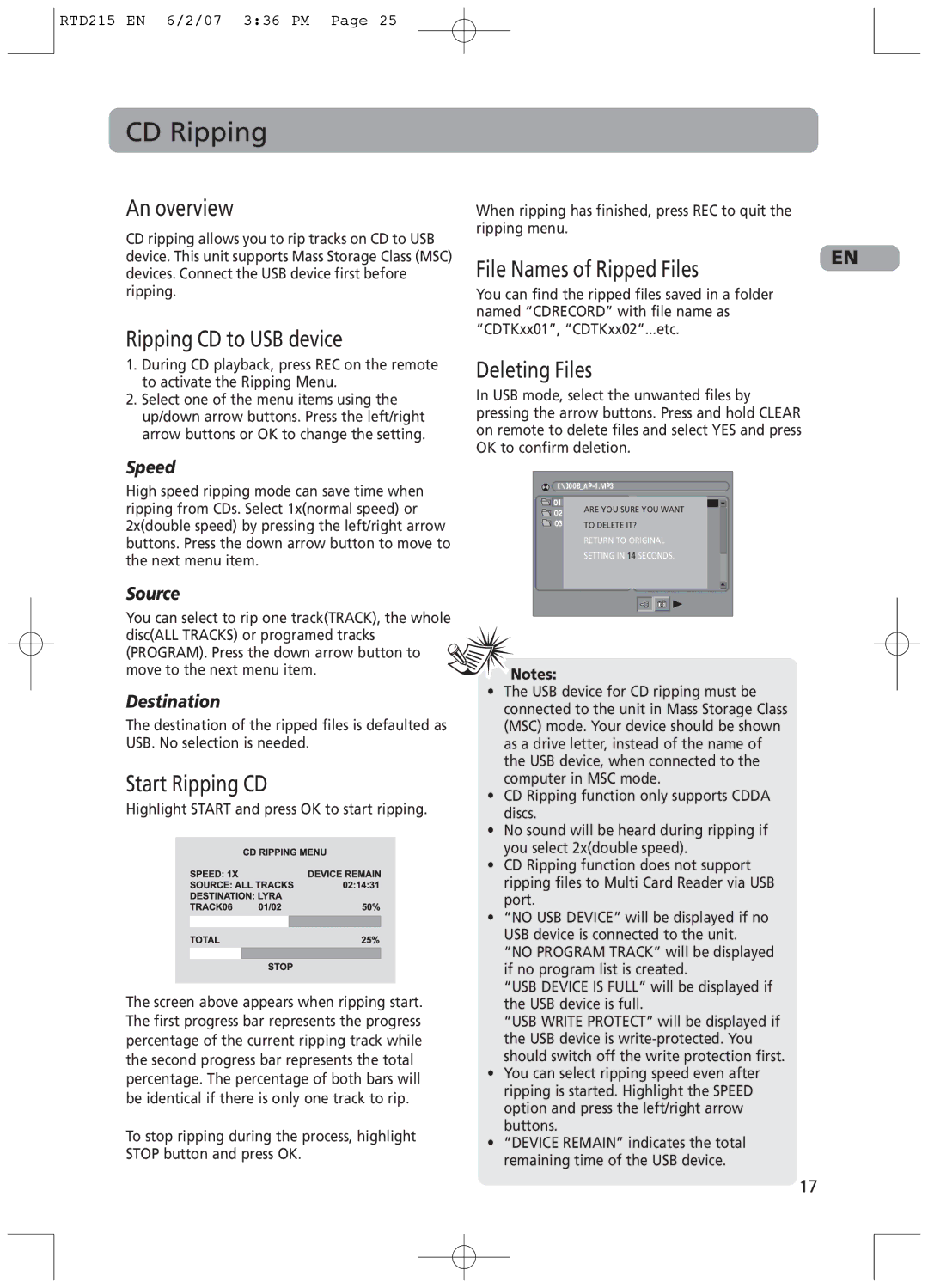 RCA RTD215 user manual CD Ripping, Ripping CD to USB device, Deleting Files, Start Ripping CD 