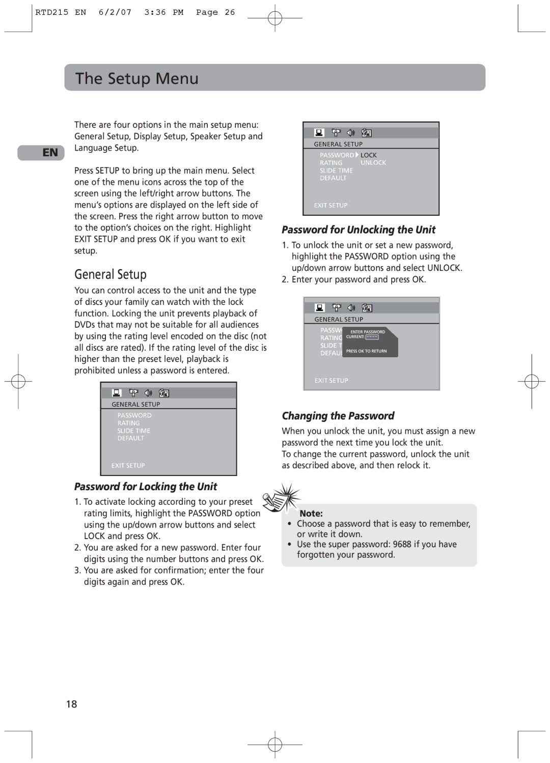 RCA RTD215 user manual Setup Menu, General Setup, Password for Unlocking the Unit, Changing the Password 