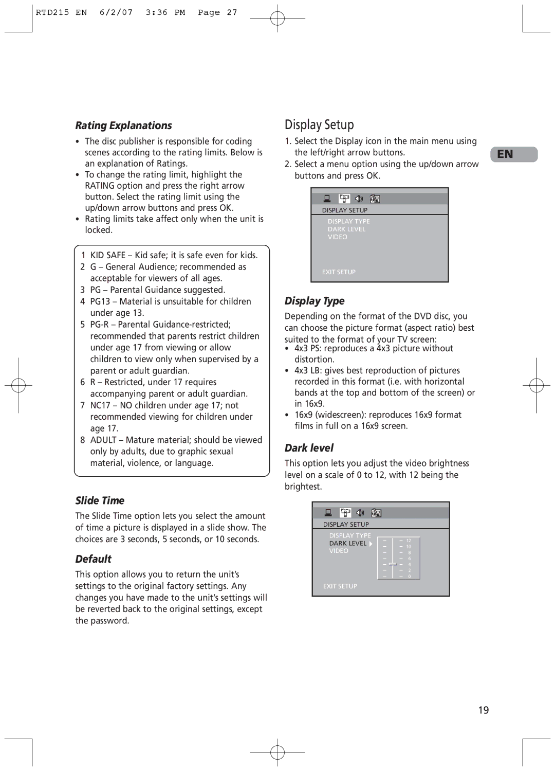 RCA RTD215 user manual Display Setup 