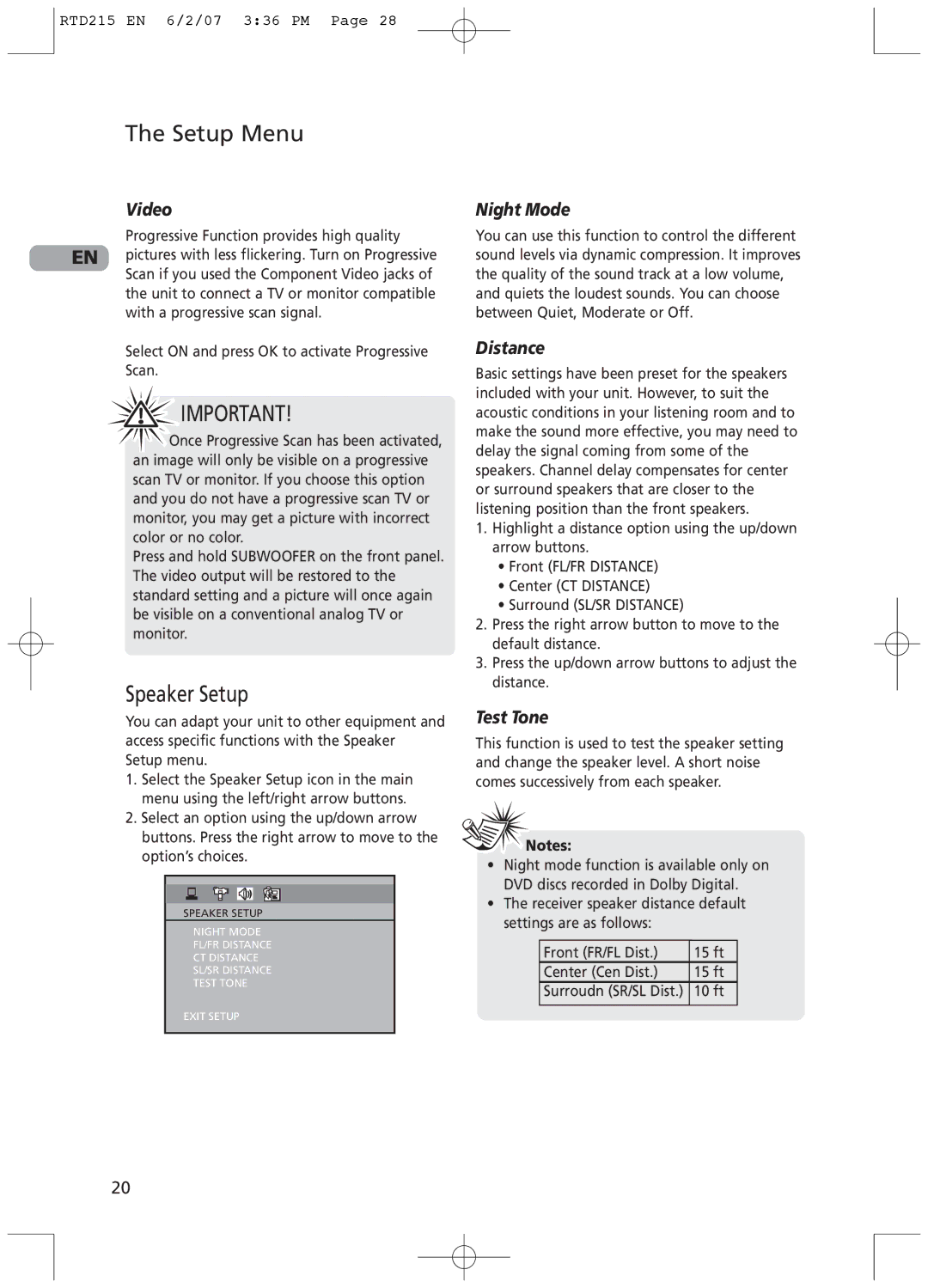 RCA RTD215 user manual Setup Menu, Speaker Setup 