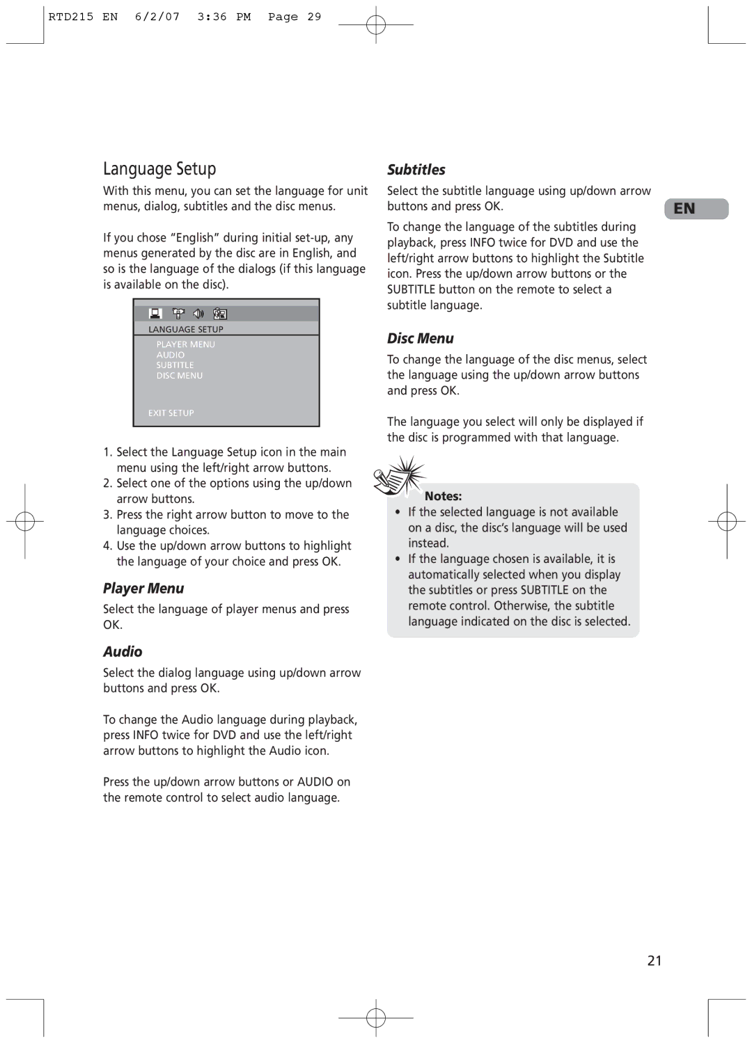 RCA RTD215 user manual Player Menu, Disc Menu, Audio 