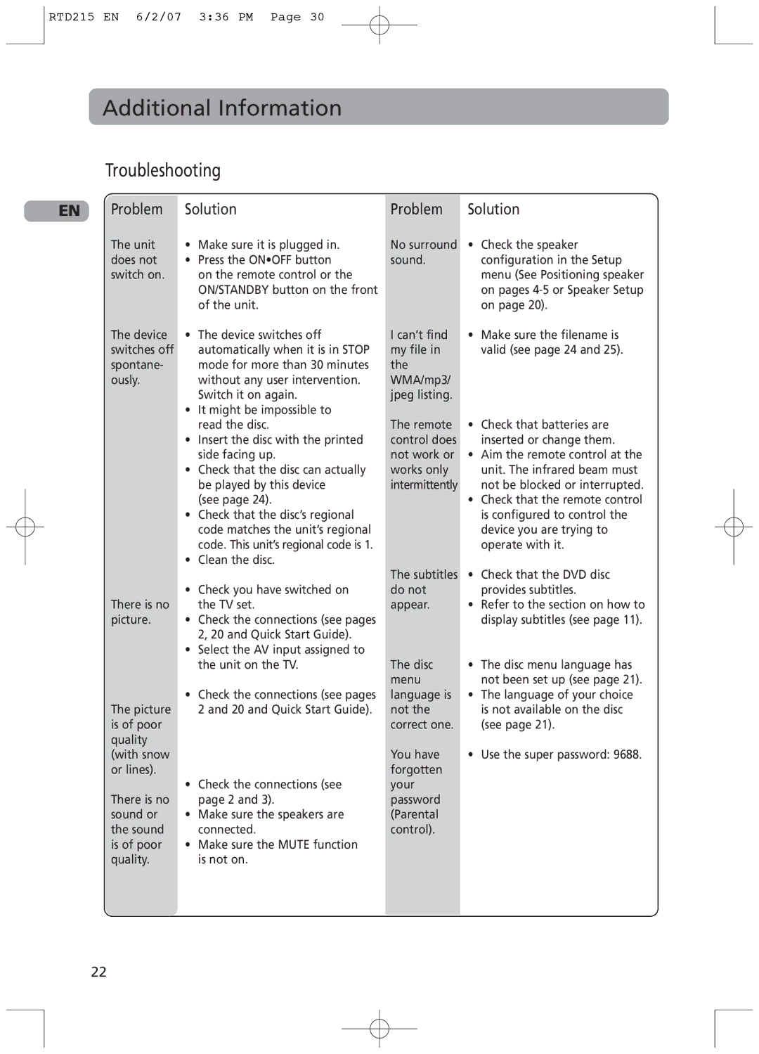 RCA RTD215 user manual Additional Information, Troubleshooting, Problem Solution 