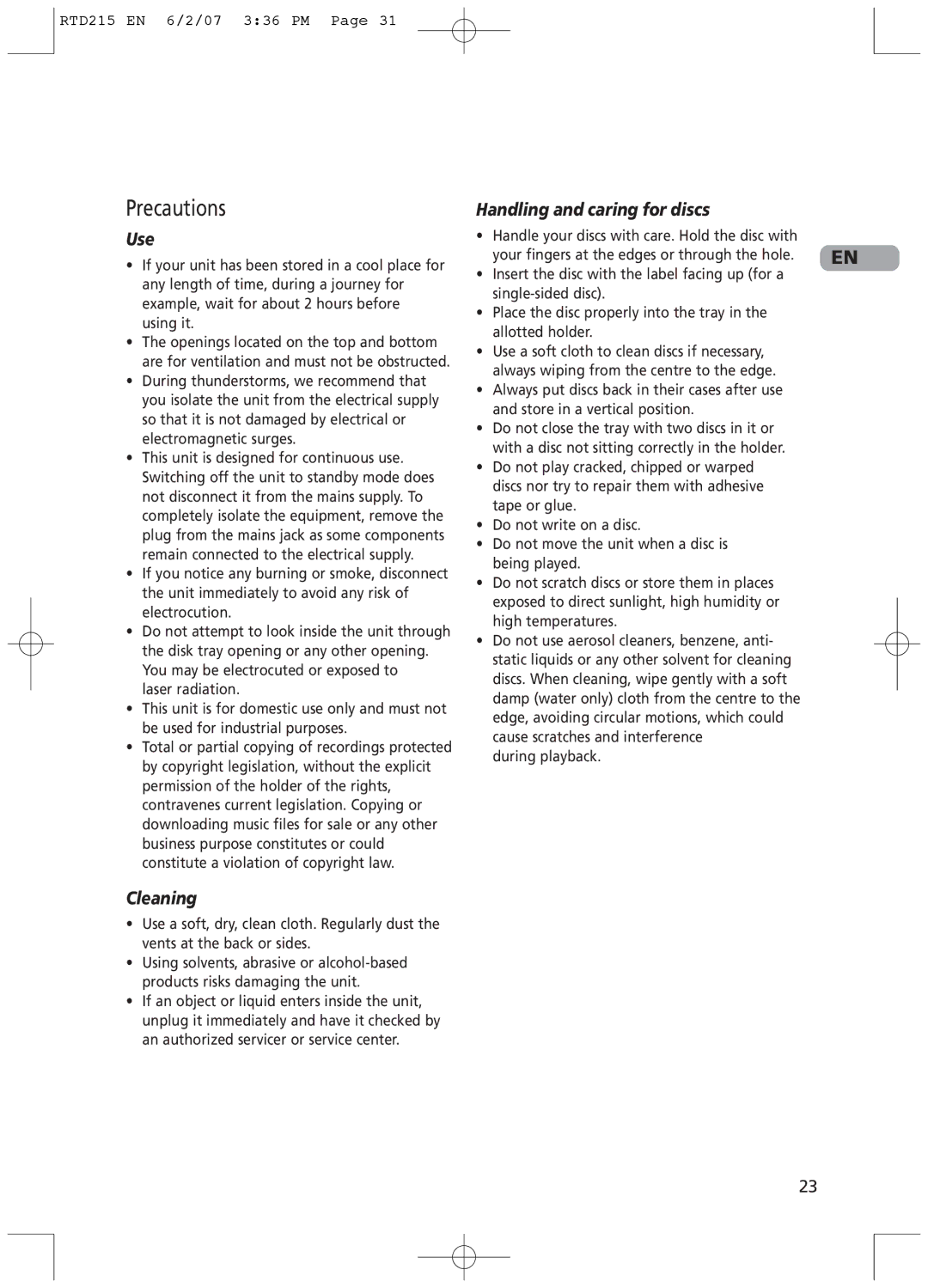 RCA RTD215 user manual Precautions, Use, Cleaning, Handling and caring for discs, During playback 