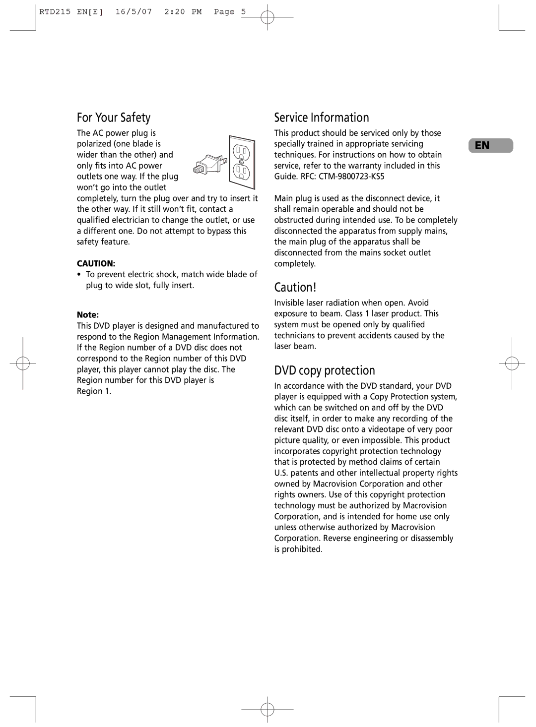 RCA RTD215 user manual For Your Safety 