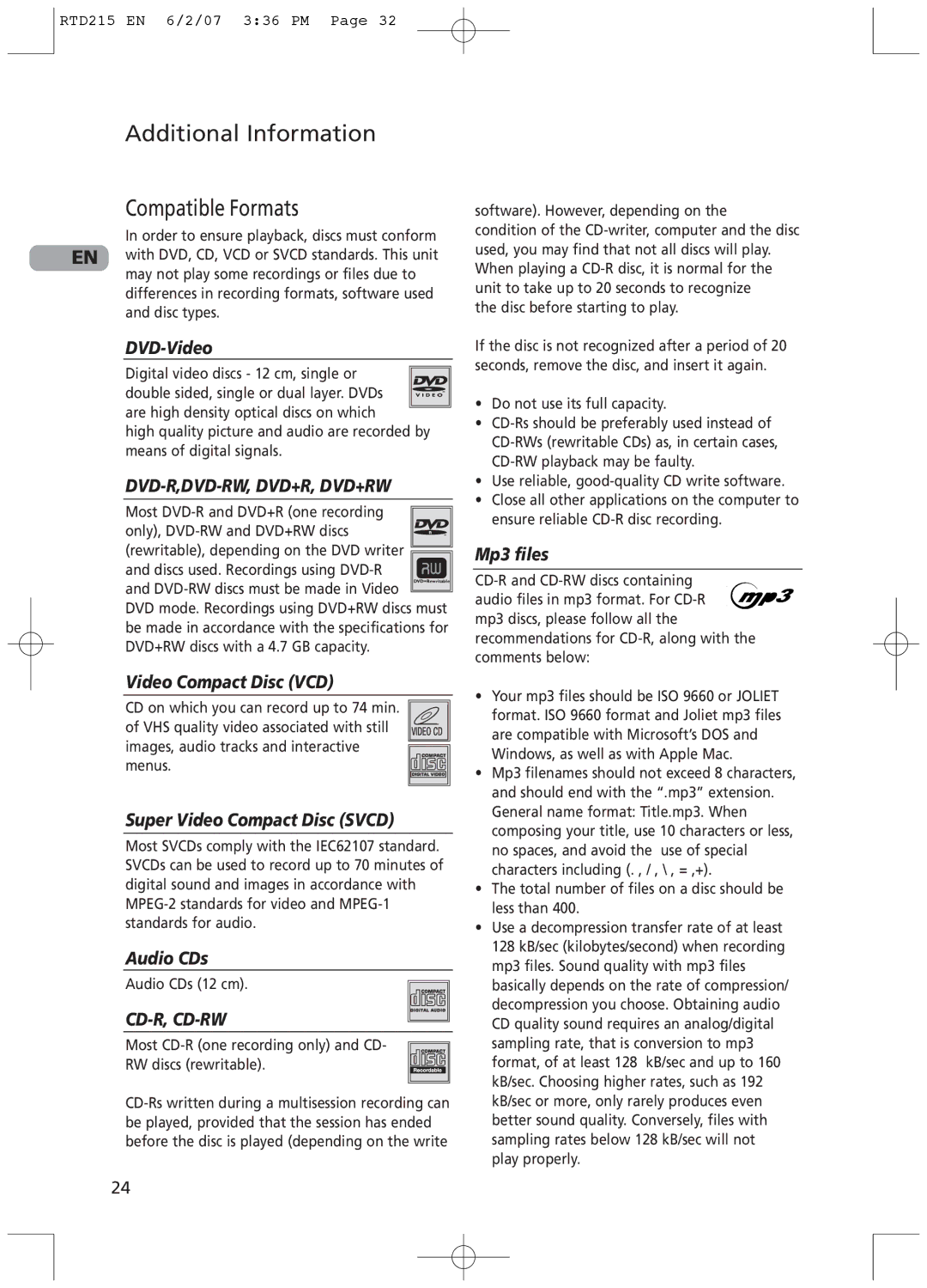 RCA RTD215 user manual Additional Information Compatible Formats 