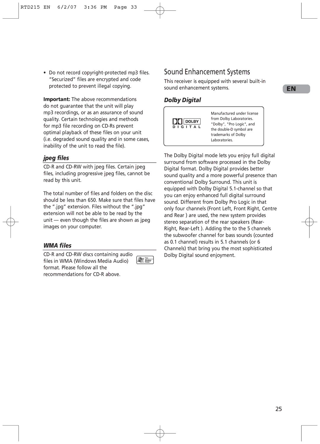 RCA RTD215 user manual Sound Enhancement Systems, Jpeg files, WMA files, Dolby Digital 