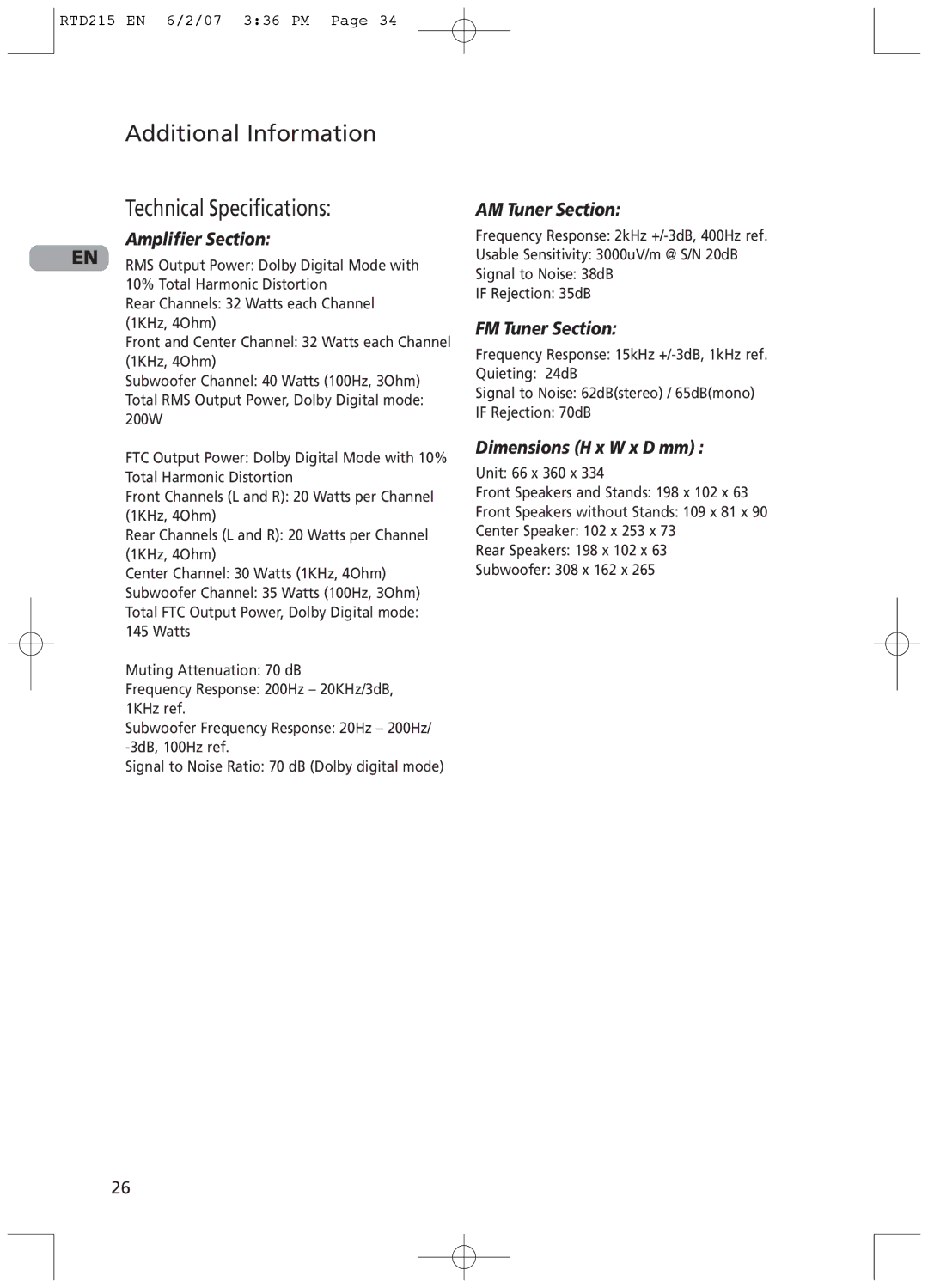 RCA RTD215 Additional Information Technical Specifications, Amplifier Section, AM Tuner Section, FM Tuner Section 