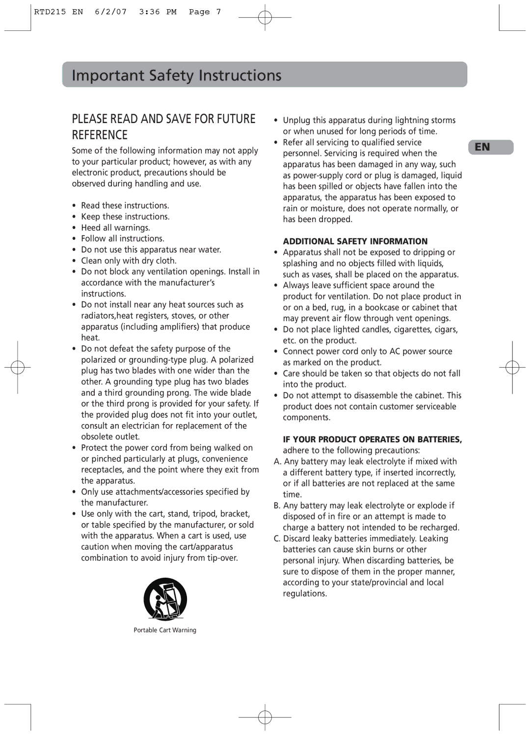 RCA RTD215 user manual Important Safety Instructions, Please Read and Save for Future Reference 