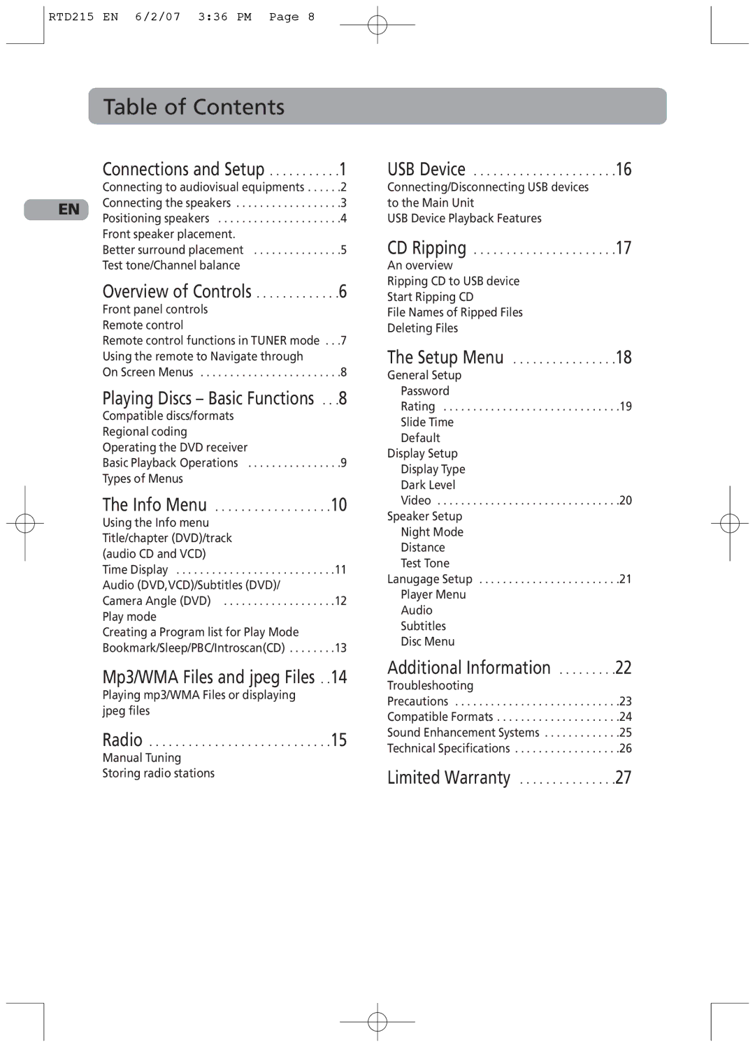 RCA RTD215 user manual Table of Contents 