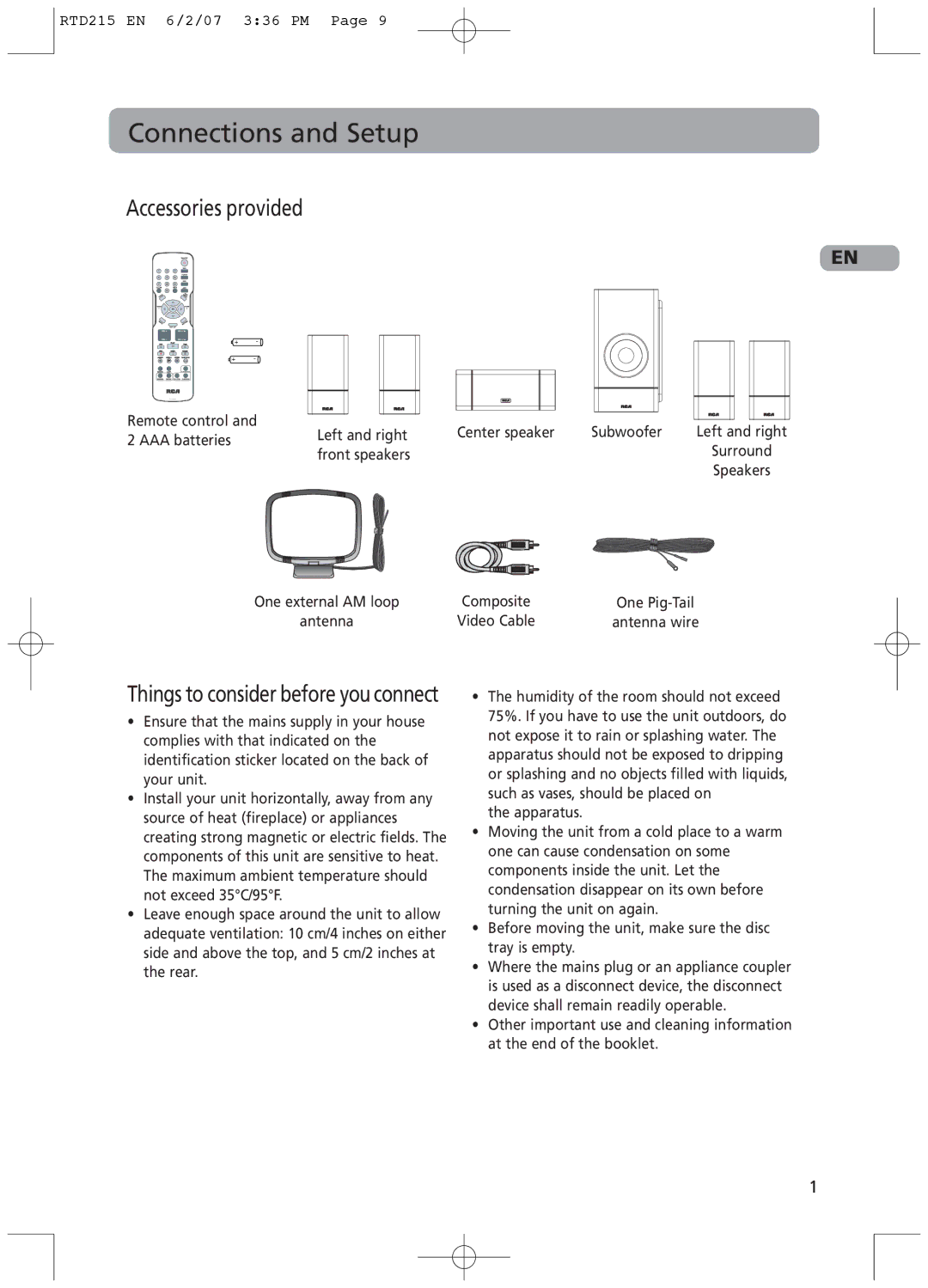 RCA RTD215 user manual Connections and Setup, Accessories provided, Things to consider before you connect 