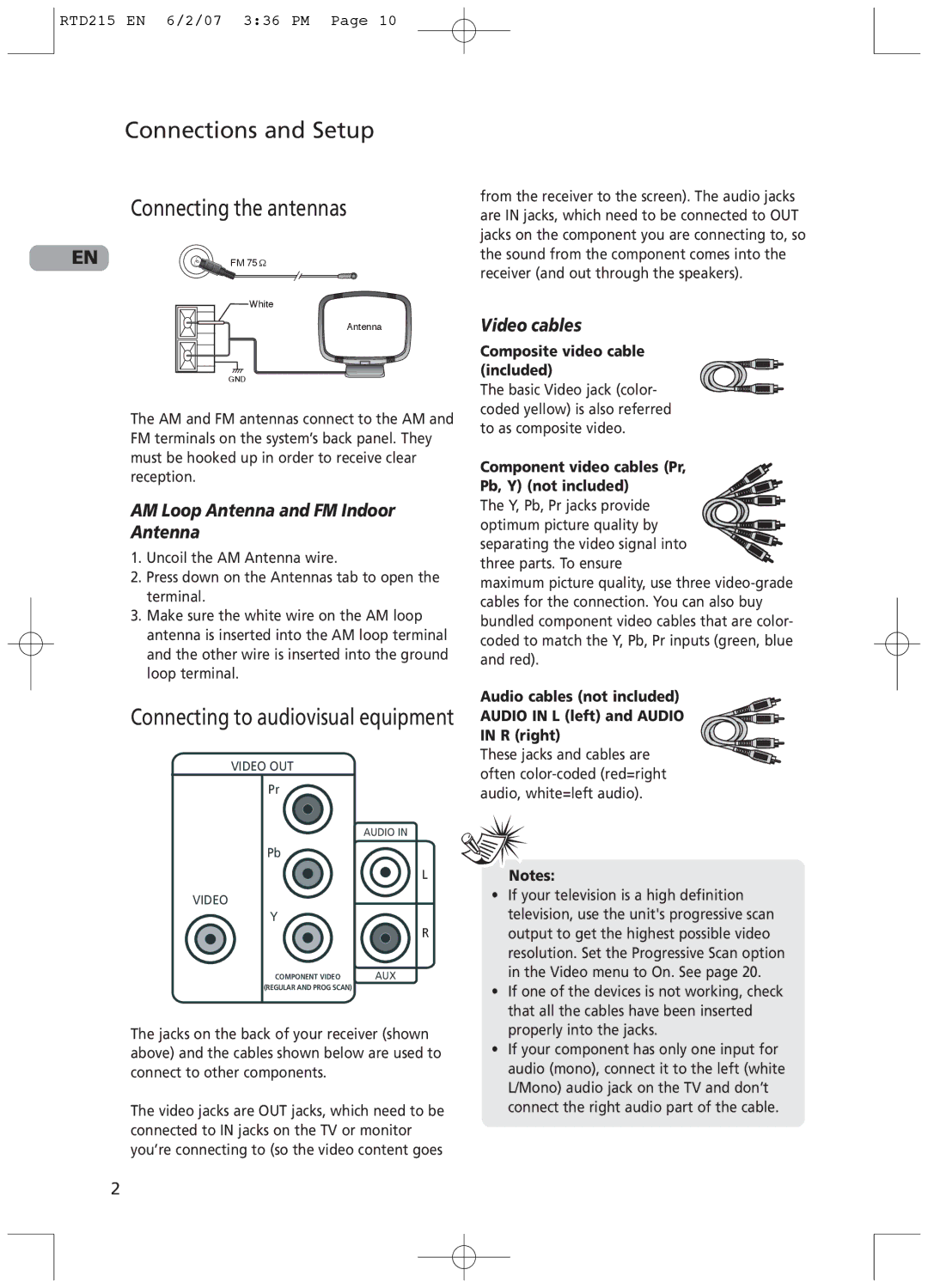 RCA RTD215 user manual Connections and Setup Connecting the antennas, AM Loop Antenna and FM Indoor, Video cables 