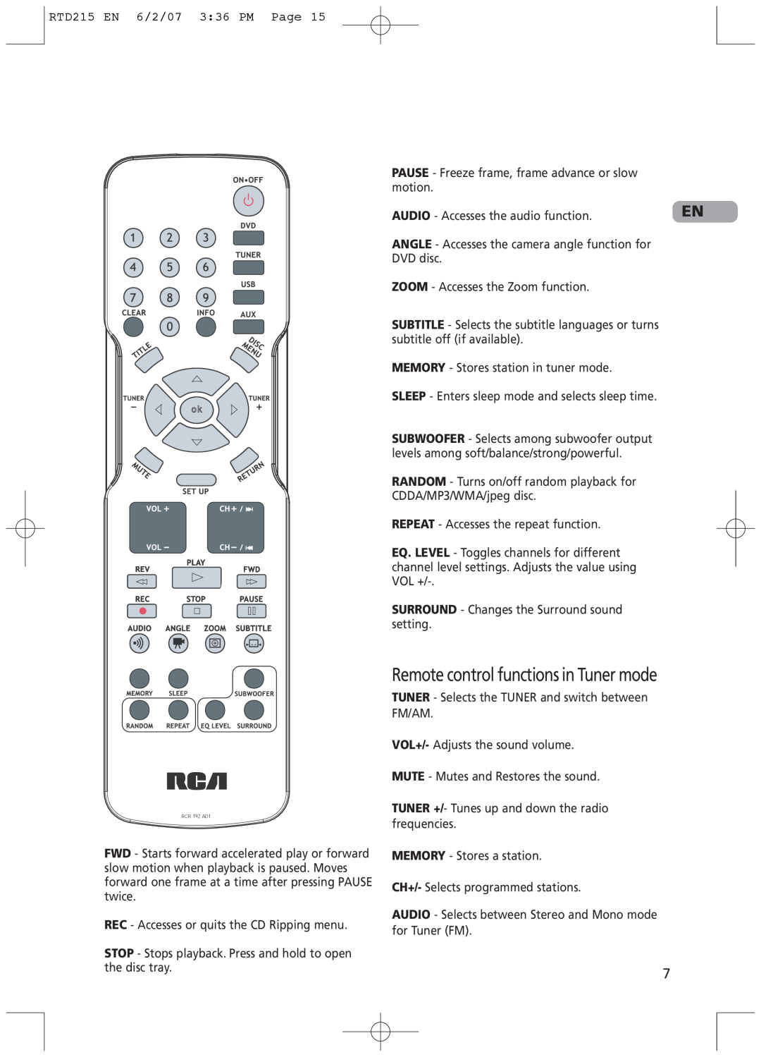 RCA RTD215 user manual Remote control functions in Tuner mode, AUDIO - Accesses the audio function 