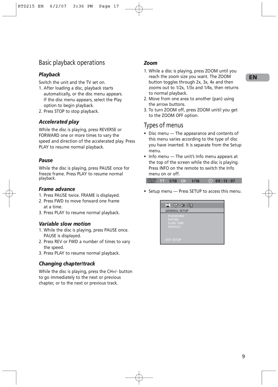 RCA RTD215 user manual Basic playback operations, Types of menus, Playback, Accelerated play, Pause, Frame advance, Zoom 