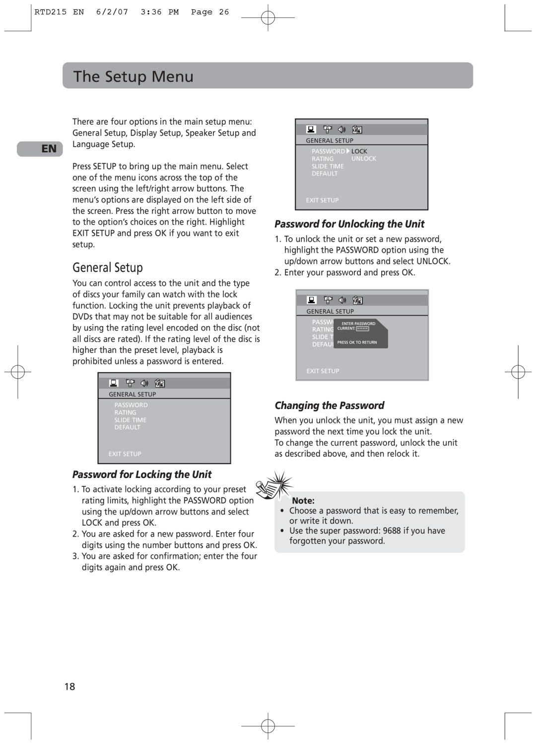 RCA RTD215 user manual The Setup Menu, General Setup, Password for Unlocking the Unit, Changing the Password 