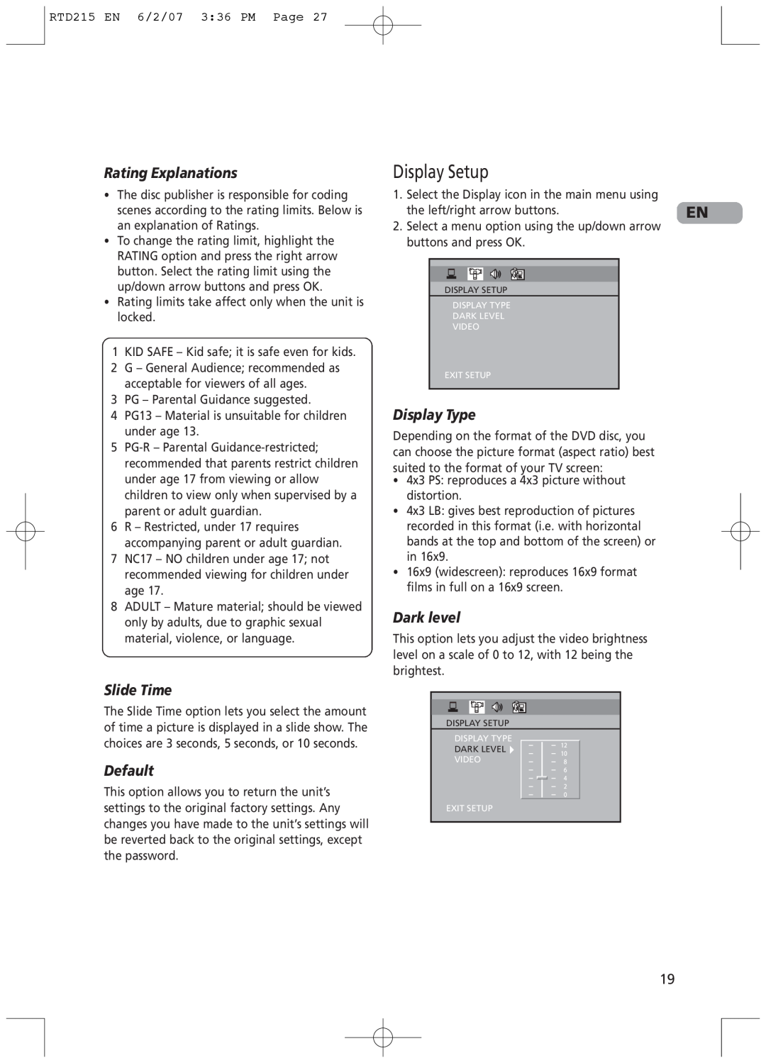 RCA RTD215 user manual Display Setup, Rating Explanations, Slide Time, Default, Display Type, Dark level 