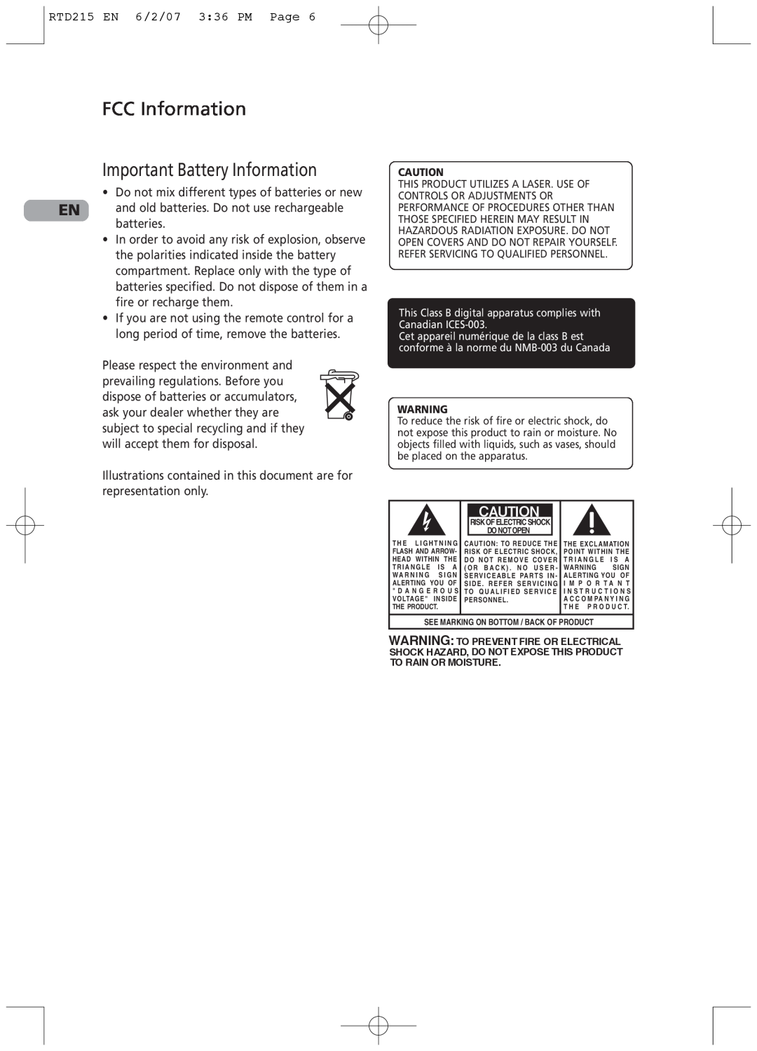 RCA RTD215 user manual FCC Information Important Battery Information 