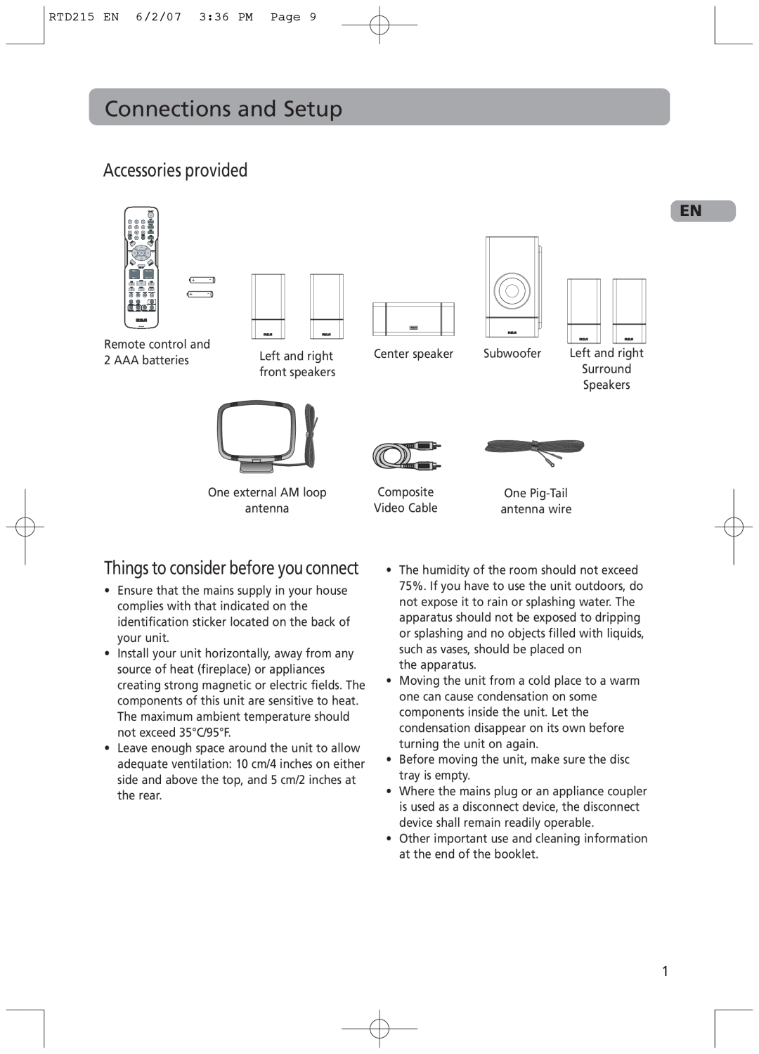 RCA RTD215 user manual Connections and Setup, Accessories provided, Things to consider before you connect 