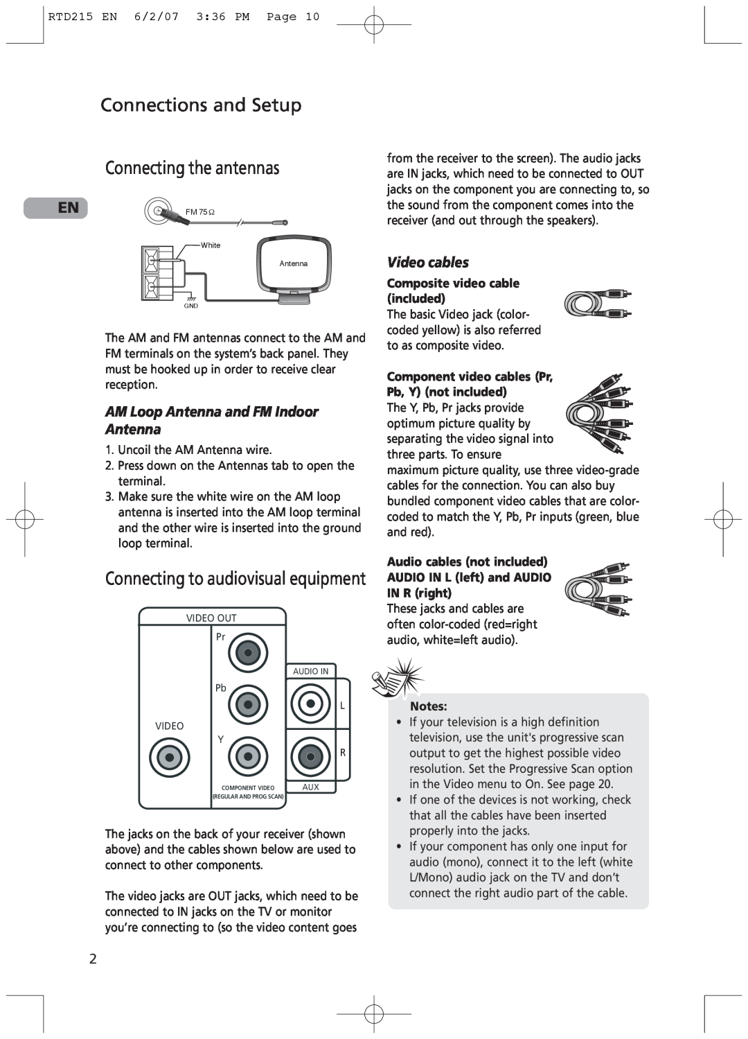 RCA RTD215 user manual Connections and Setup Connecting the antennas, Connecting to audiovisual equipment, Video cables 