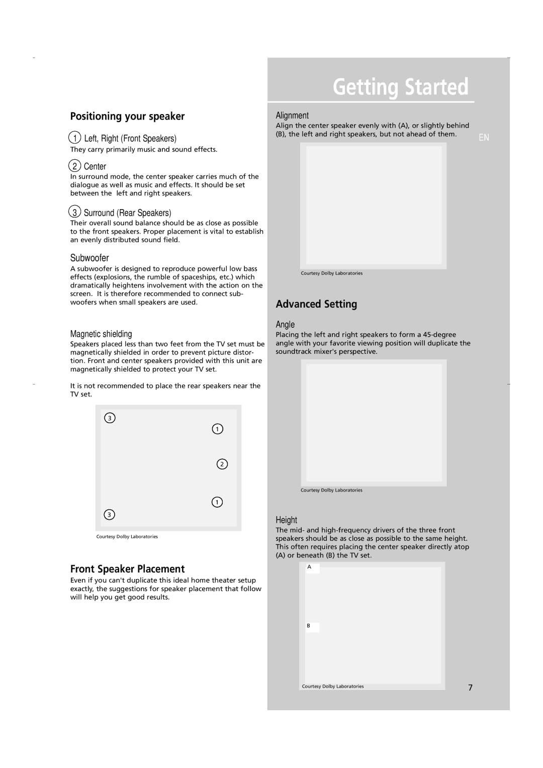 RCA RTD250 user manual Positioning your speaker, Advanced Setting, Front Speaker Placement 