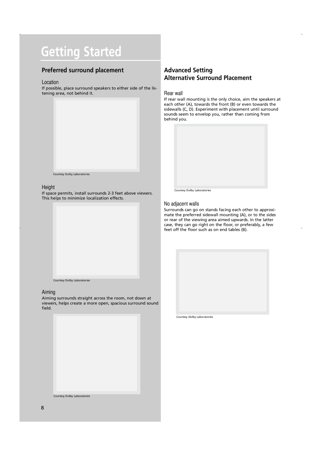 RCA RTD250 user manual Preferred surround placement Advanced Setting, Location, Rear wall, No adjacent walls, Aiming 