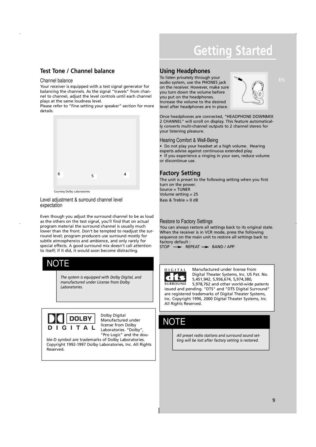 RCA RTD250 user manual Test Tone / Channel balance, Using Headphones, Factory Setting 