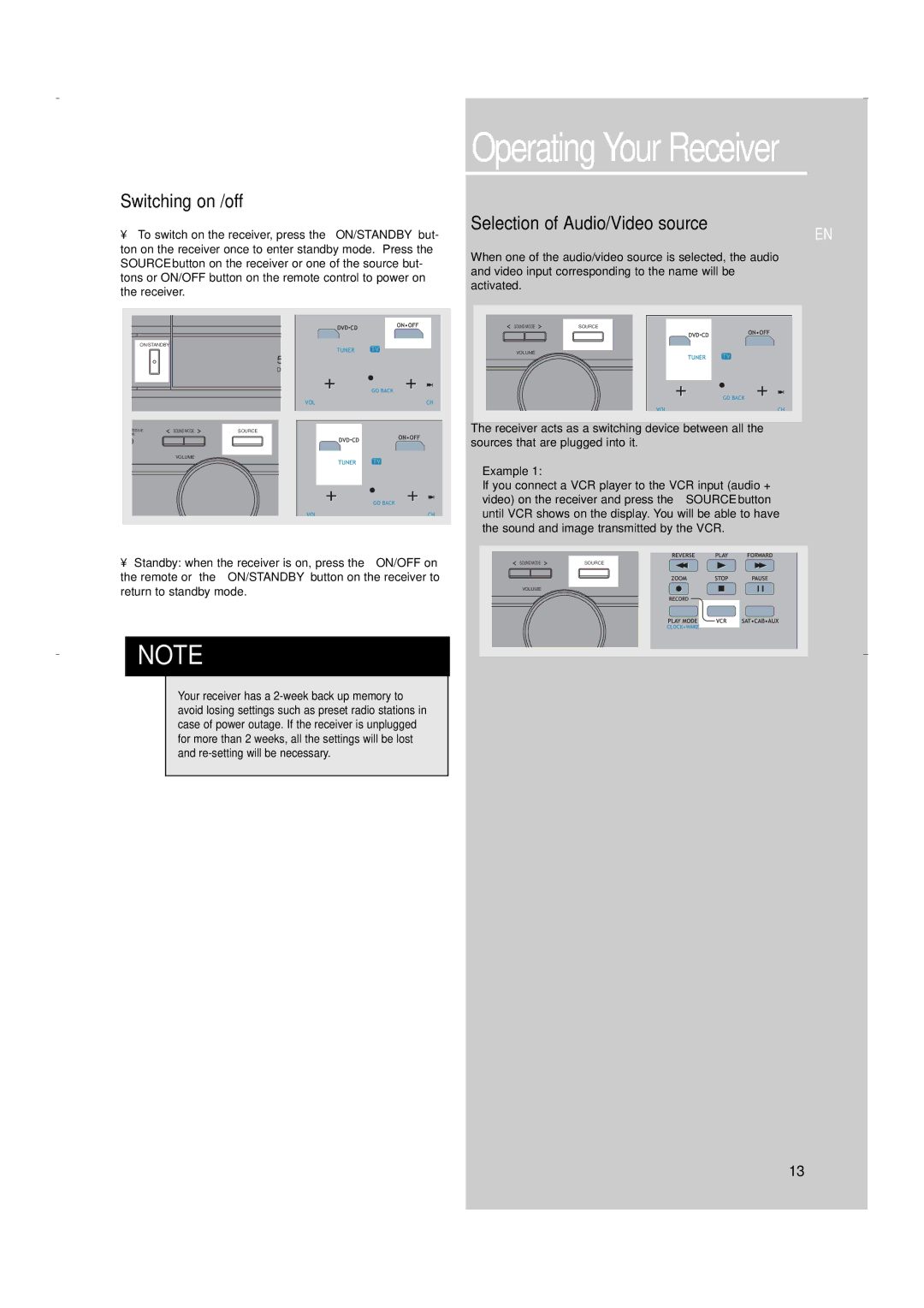 RCA RTD250 user manual Switching on /off, Selection of Audio/Video source, Example 