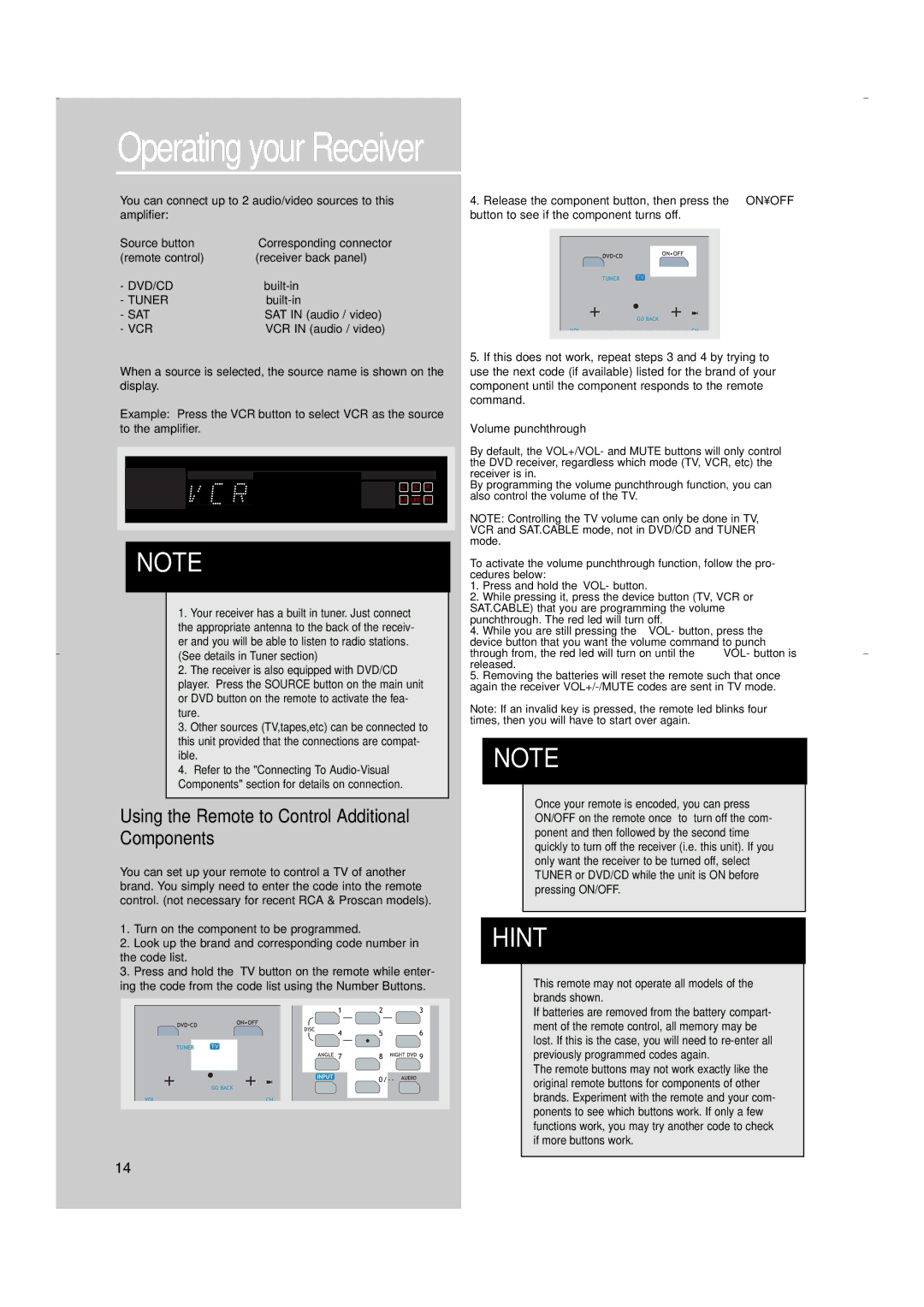 RCA RTD250 user manual Using the Remote to Control Additional Components, Volume punchthrough 