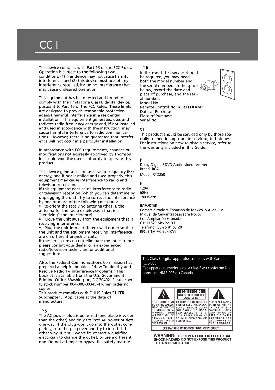 RCA RTD250 user manual FCC Information 