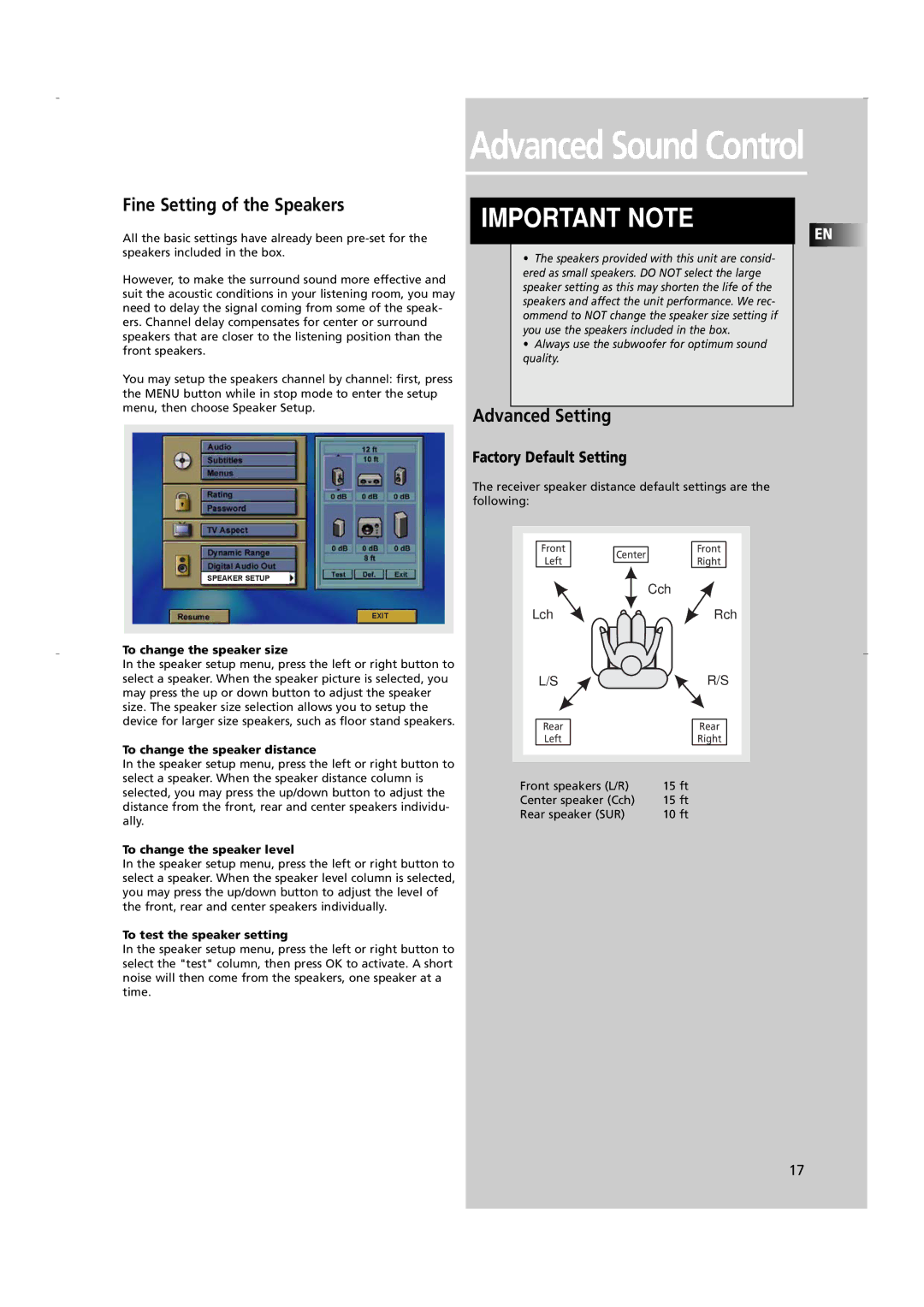 RCA RTD250 user manual Fine Setting of the Speakers, Factory Default Setting 