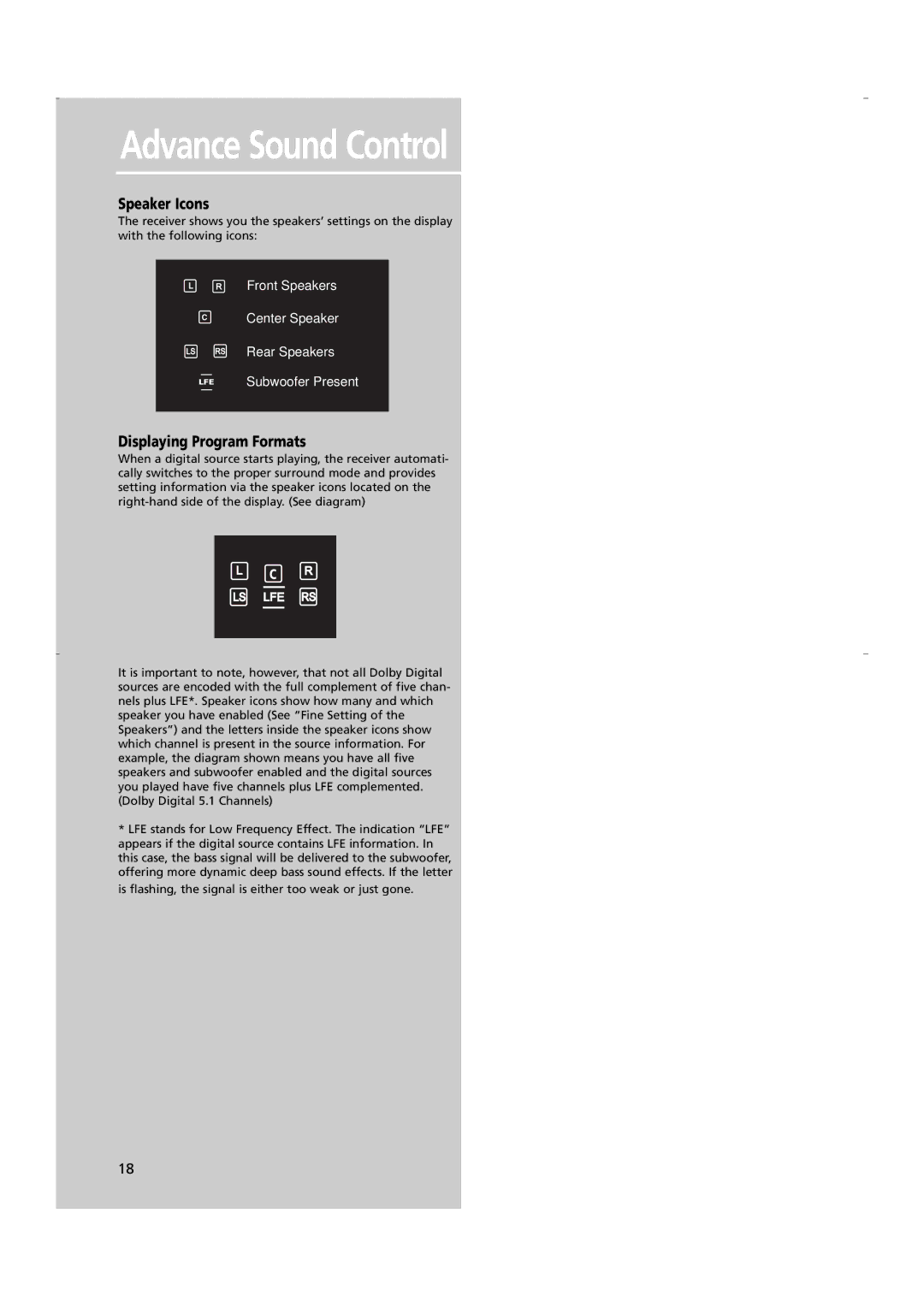 RCA RTD250 user manual Advance Sound Control, Speaker Icons, Displaying Program Formats 