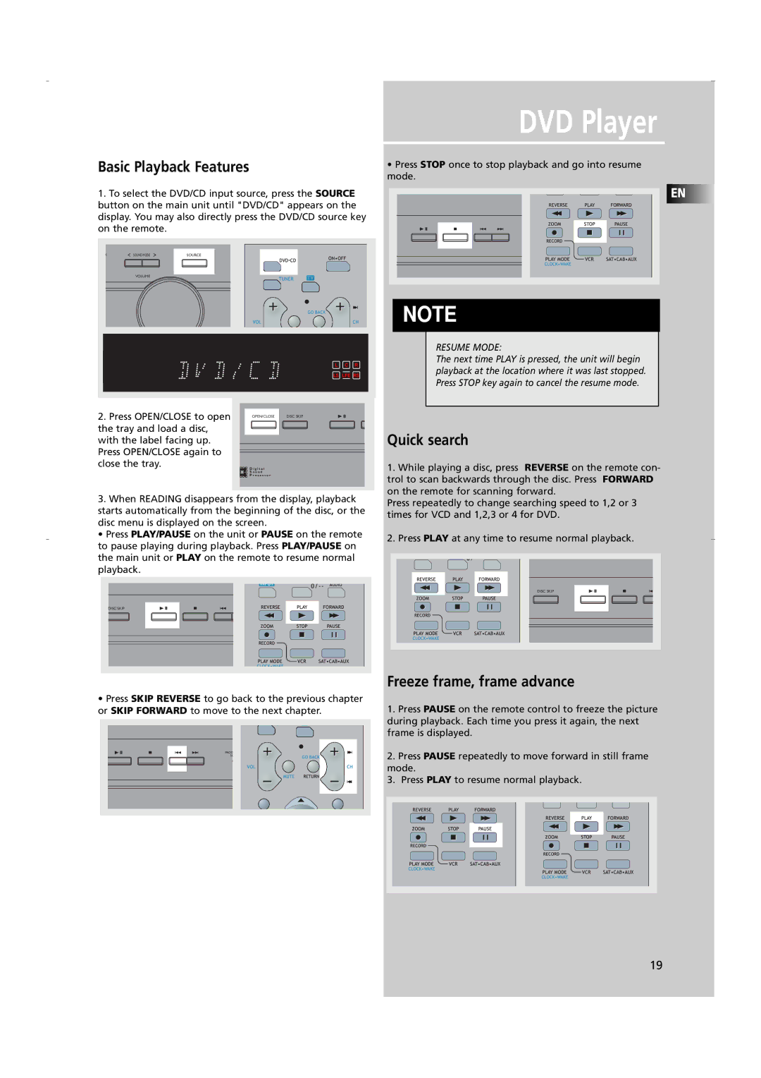 RCA RTD250 user manual Quick search, Freeze frame, frame advance 