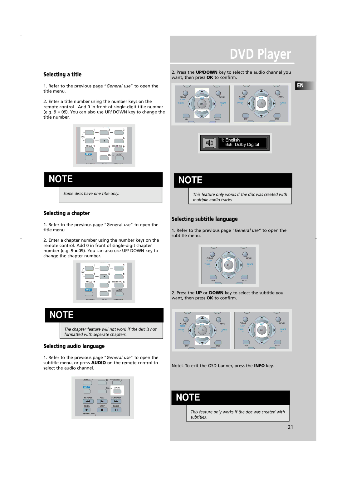 RCA RTD250 user manual Selecting a title, Selecting a chapter Selecting subtitle language, Selecting audio language 