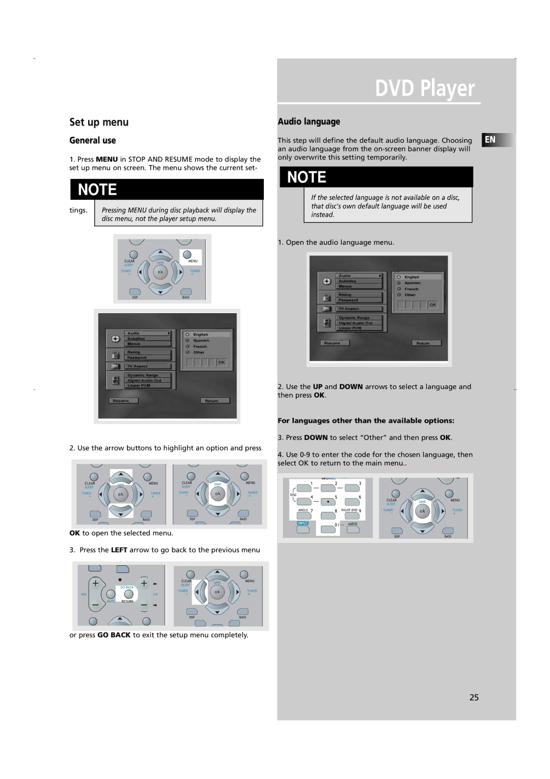 RCA RTD250 user manual Set up menu, General use, Audio language, For languages other than the available options 