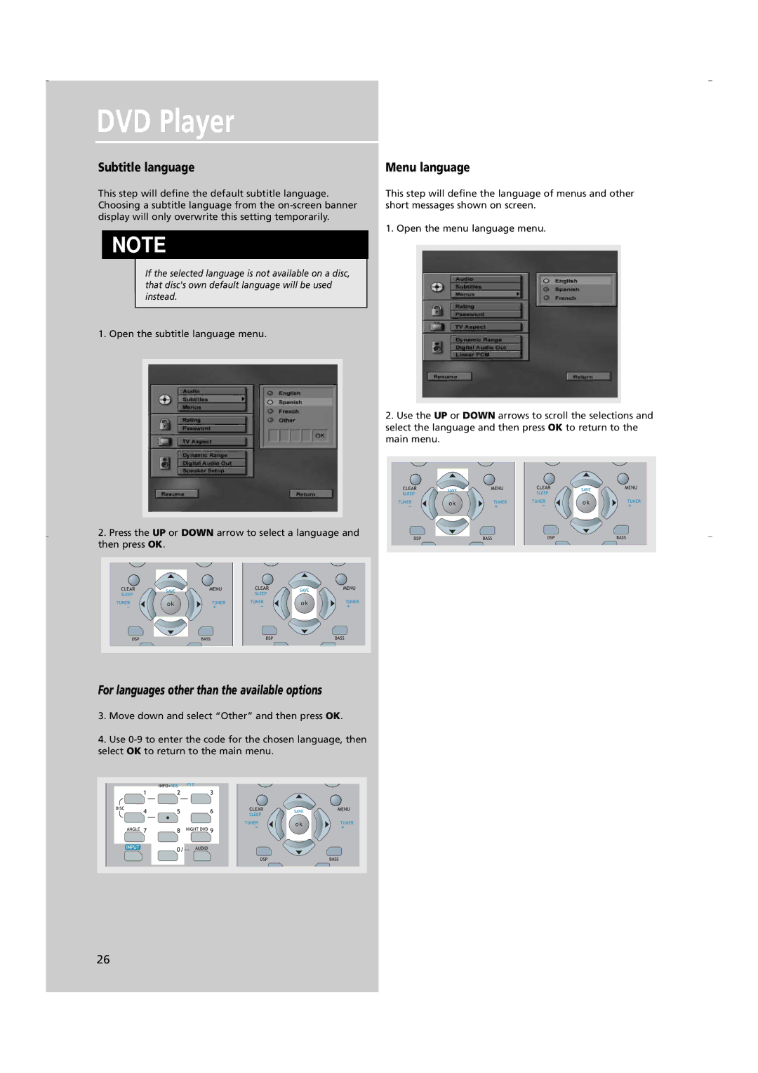 RCA RTD250 user manual Subtitle language, Menu language 