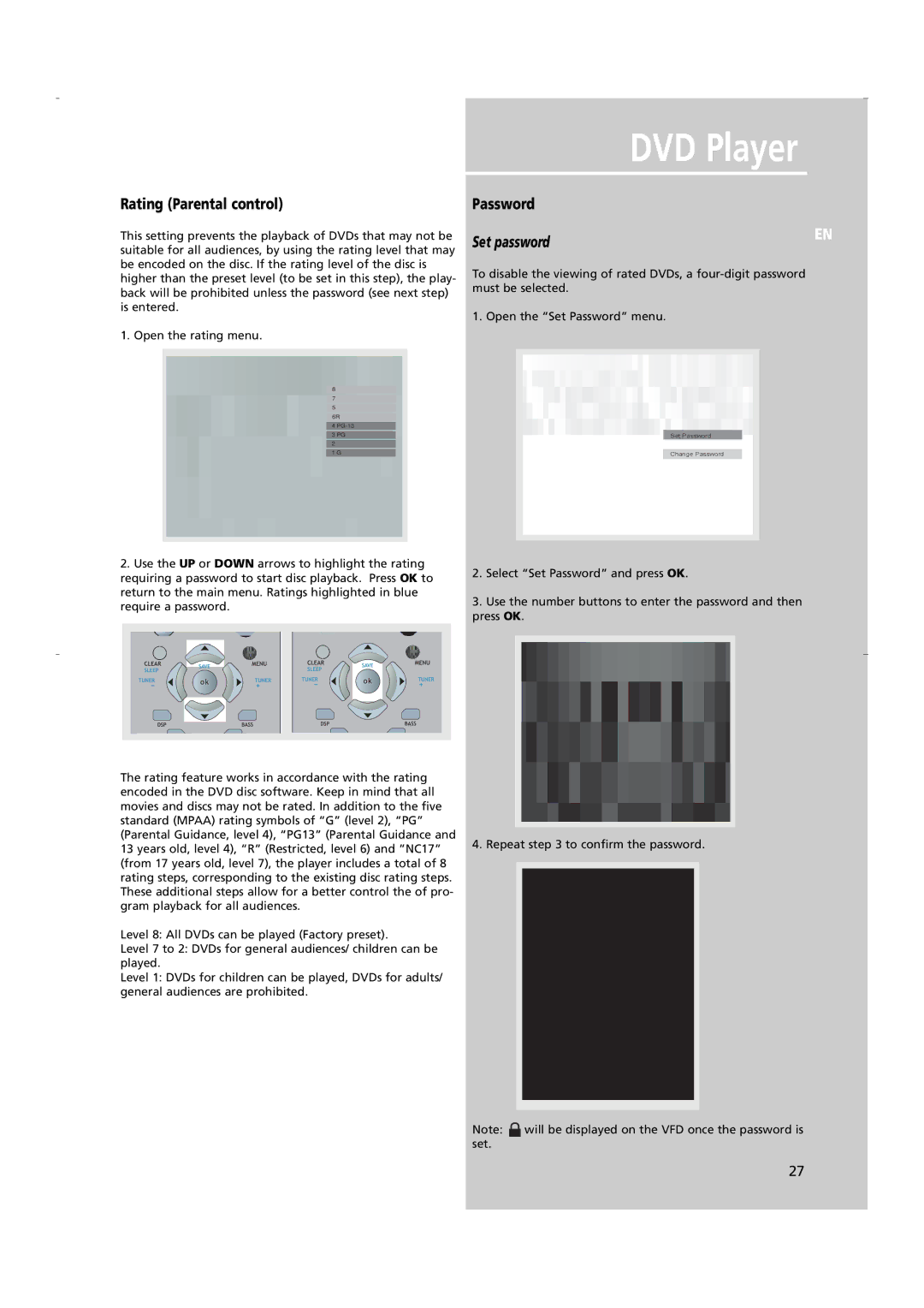 RCA RTD250 user manual Rating Parental control, Password, Set password 