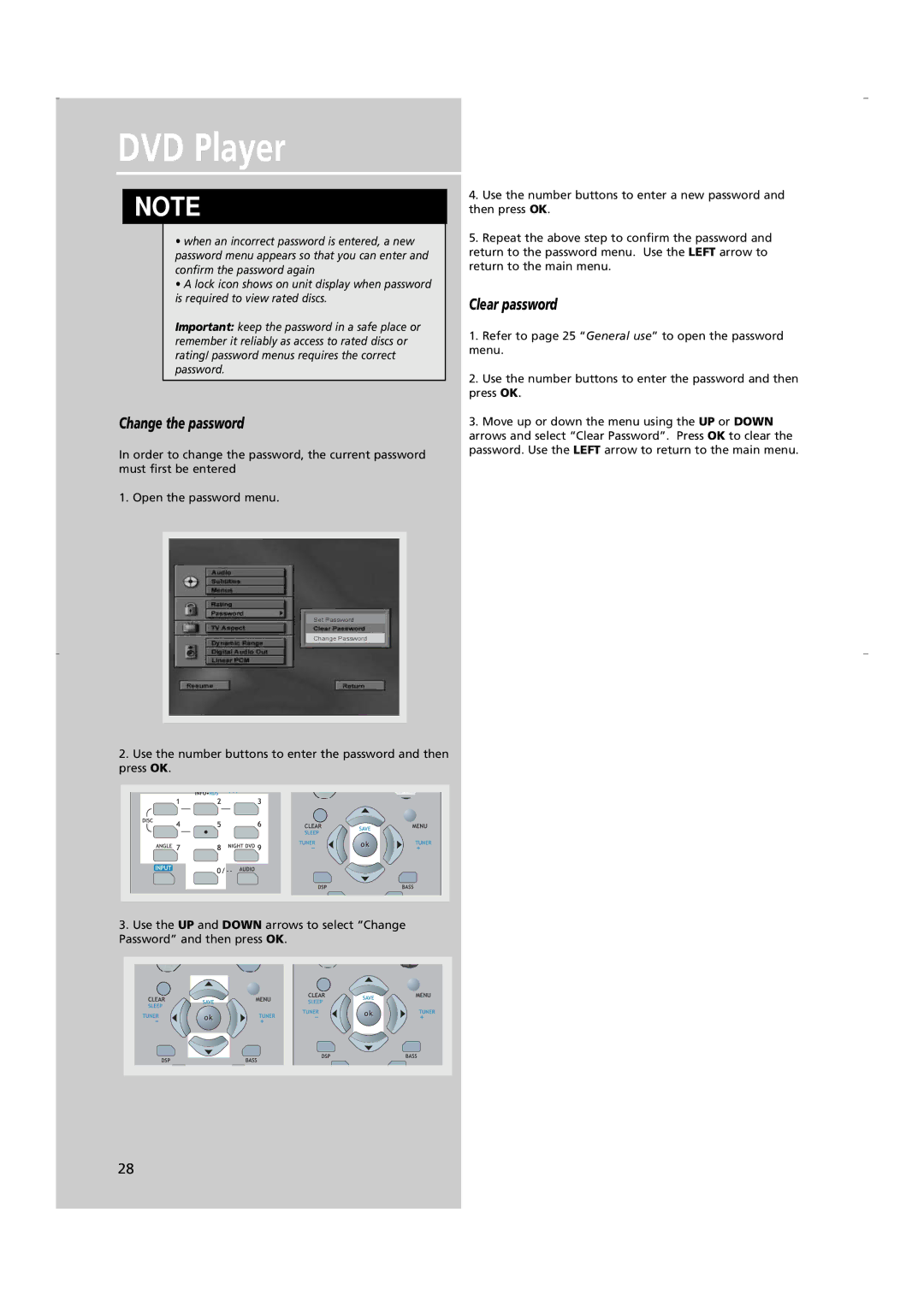 RCA RTD250 user manual Change the password, Clear password 